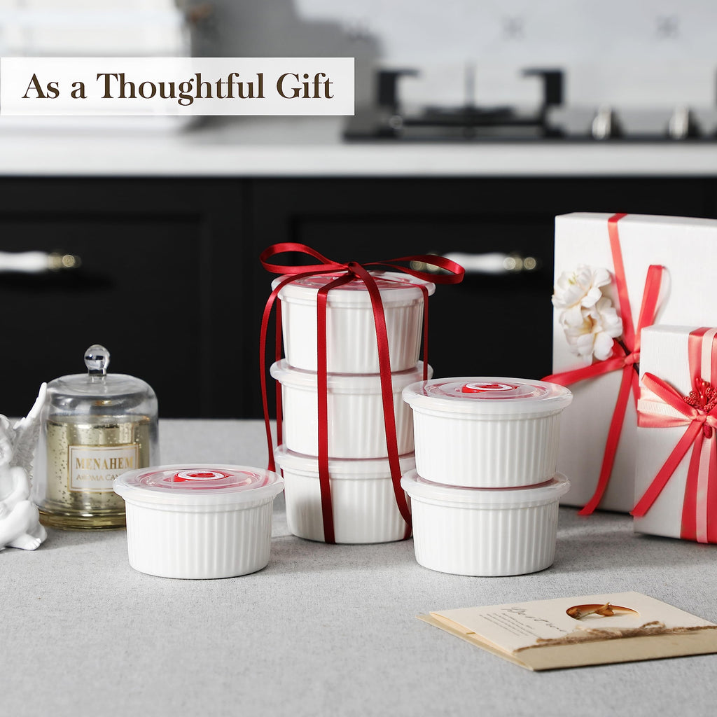 MALACASA 8 oz Ramekins with Lids, WhitePorcelain Creme Brulee Souffle Ramekins Ceramic Custard Cups Set of 6, Dishwasher and Oven Safe, Series RAMEKIN. DISH