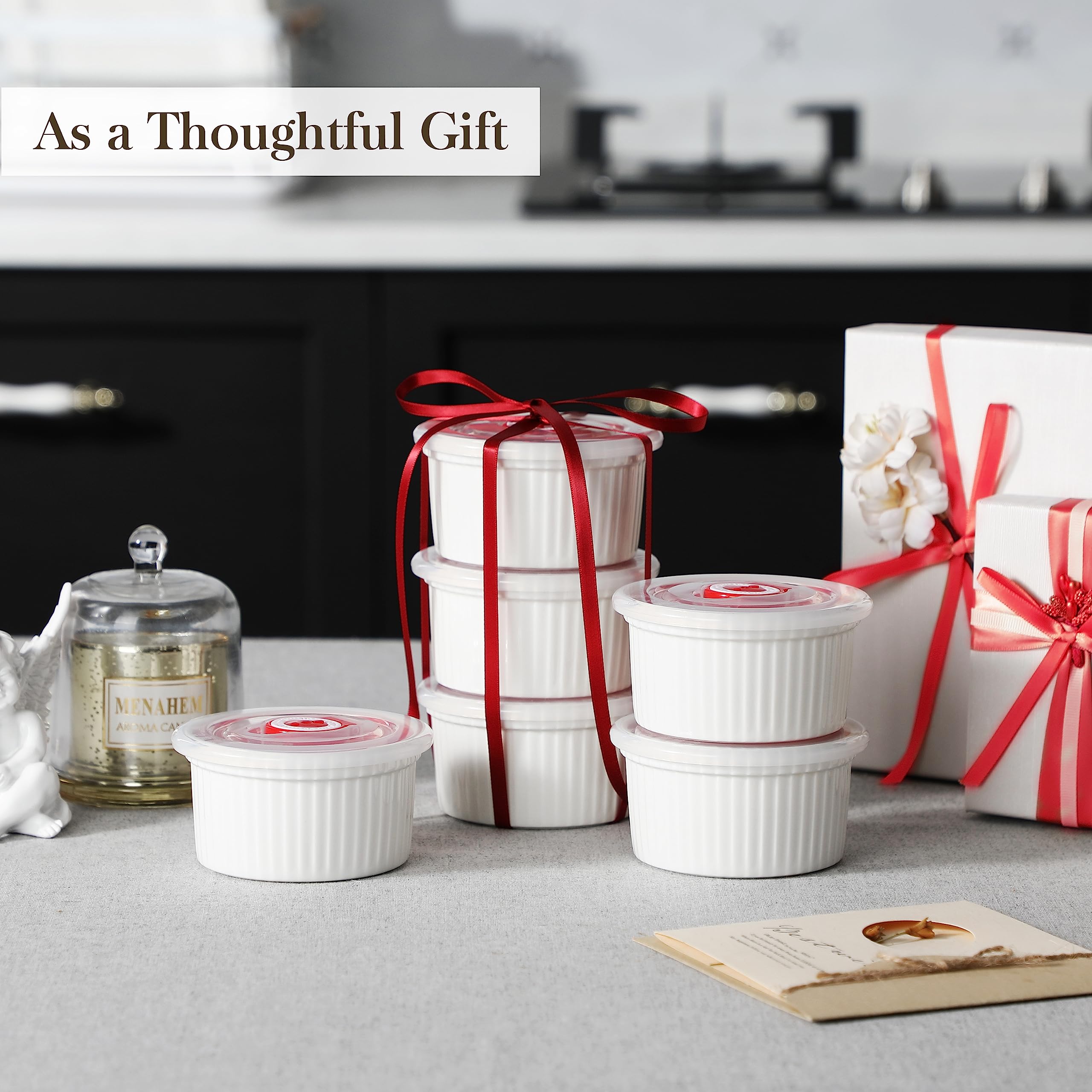 MALACASA 8 oz Ramekins with Lids, WhitePorcelain Creme Brulee Souffle Ramekins Ceramic Custard Cups Set of 6, Dishwasher and Oven Safe, Series RAMEKIN. DISH