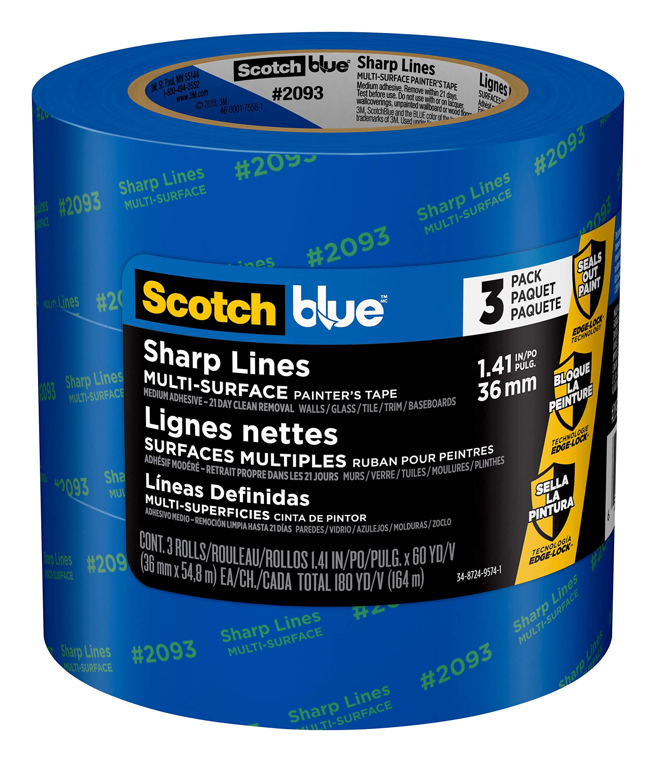Scotch Painter's Tape 2093-36AC3 Sharp Lines Painter’s Tape, 1.41" Width, Blue