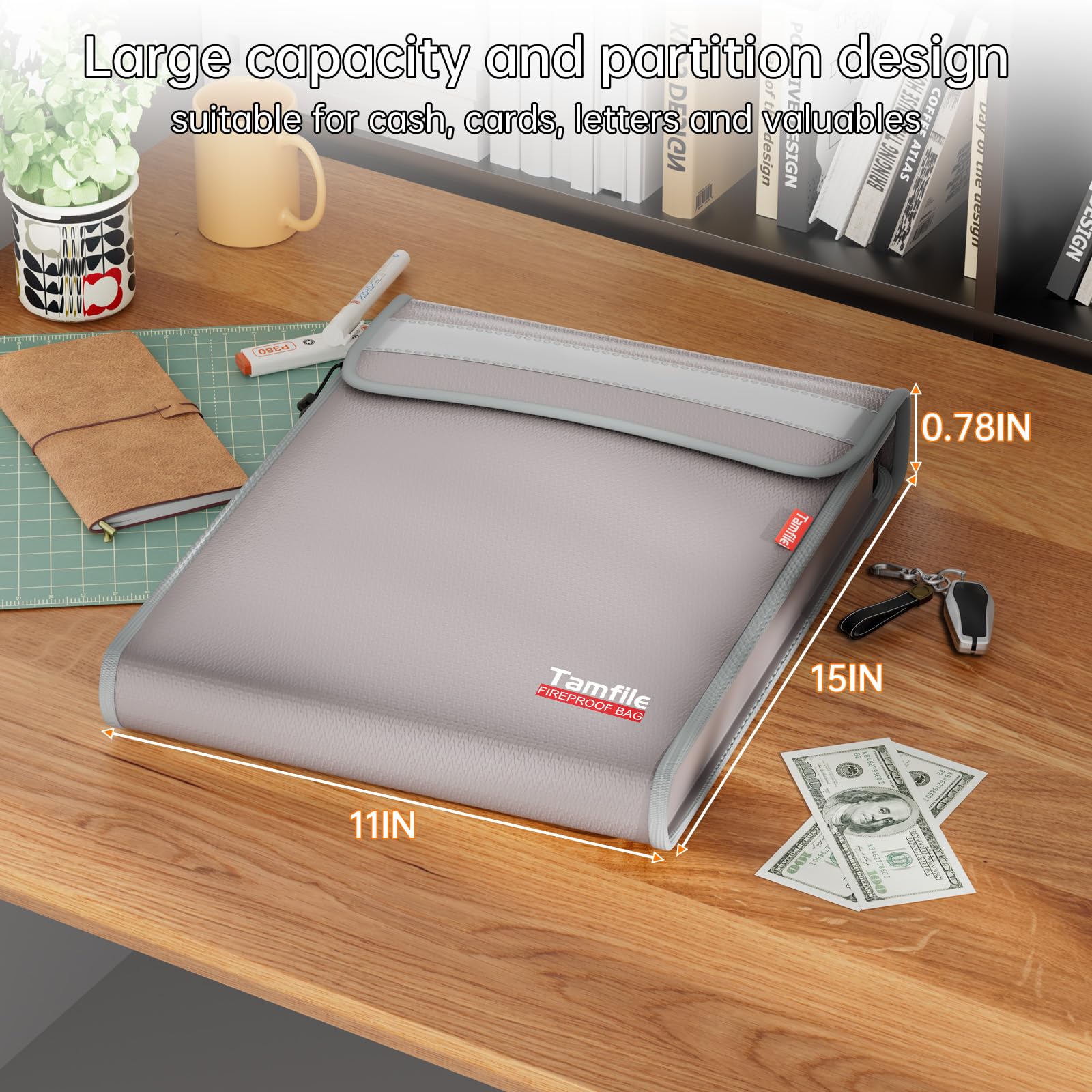 6400℉ Fireproof Document Bag with Zipper, 15”x 11” Waterproof Fireproof Money Bag with 2 Pockets, Safe Important Document Organizer for A4 A5 Legal Letter Size, Valuables, Legal Documents (Grey)
