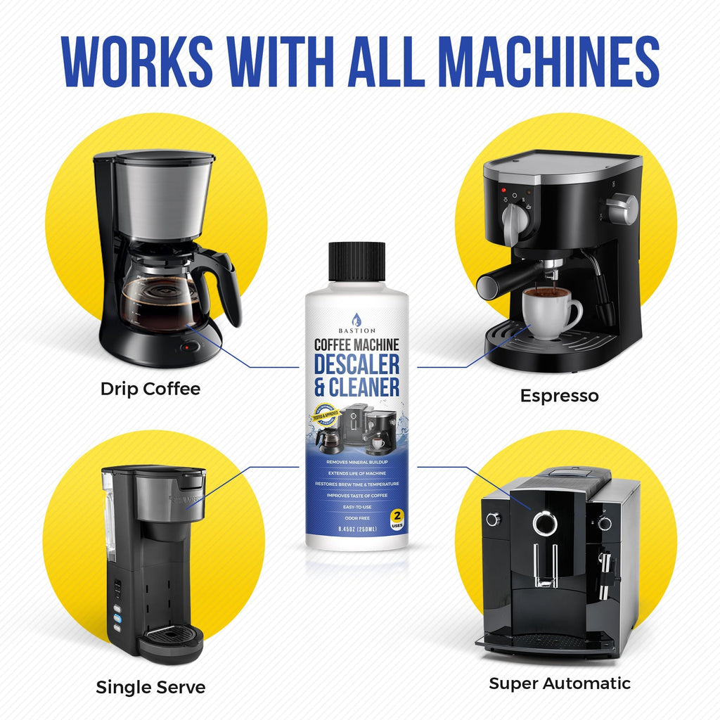 Bastion Coffee Machine Descaler & Cleaner - 4 Uses. (2 Bottles) Universal Descaling Solution Compatible with Keurig, Nespresso, Delonghi and All Single Use Coffee and Espresso Machines