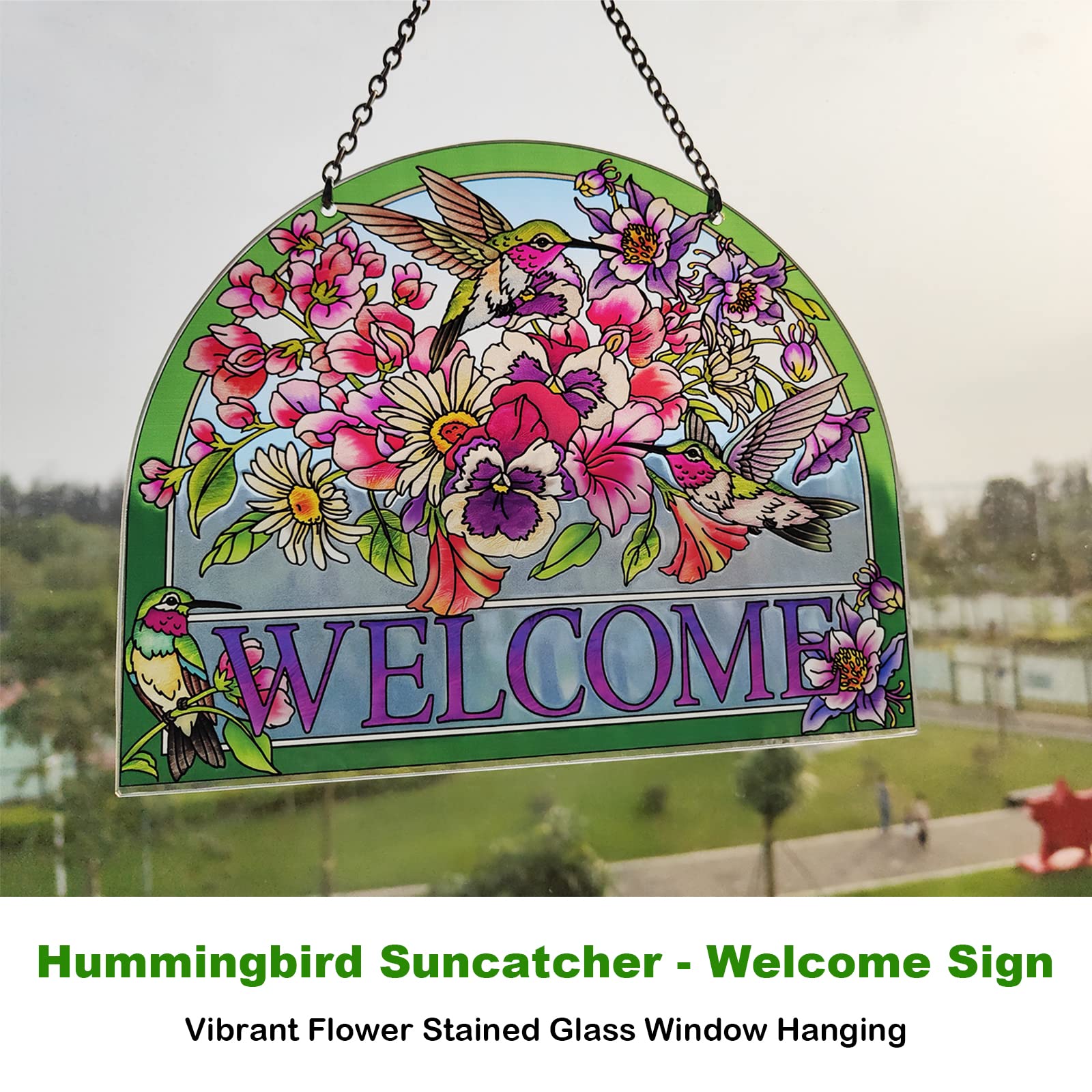 Welcome Hummingbird Sun Catcher - Hummingbird Stained Glass Suncatchers - Welcome Sign Hummingbird Decor, Vibrant Flowers Window Hanging, 7.8’’*6.5’’ Stained Glass Birds with Suction Cup