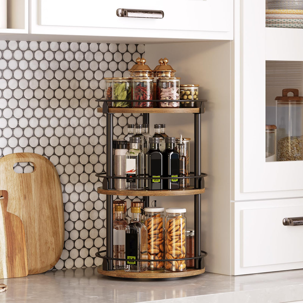 YATINEY Spice Rack, Rotating Spice Organizer for Cupboard, 3 Tier Lazy Susan Turntable, Industrial Countertop Organizer, for Kitchen and Cabinet, Compact and Versatile, Rustic Brown and Black SR23BR