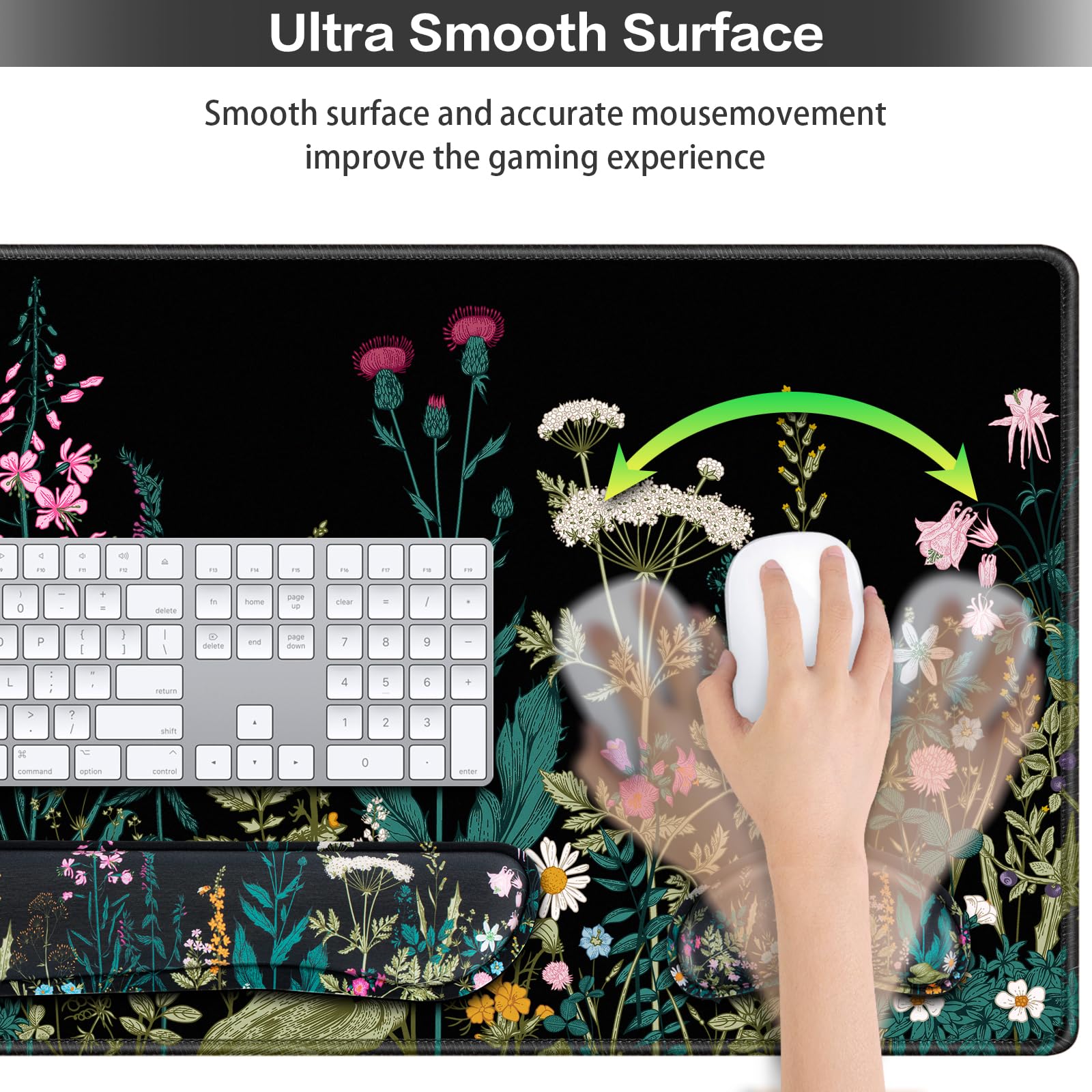 Mouse Pad, Large Gaming Mouse Pad with Wrist Rest, 4in1 XXL Desk Mat+Keyboard Wrist Rest+Wrist Support+Cup Coaster Set Ergonomic Floral Computer Desk Arm Wrist for Decor Home Office Women