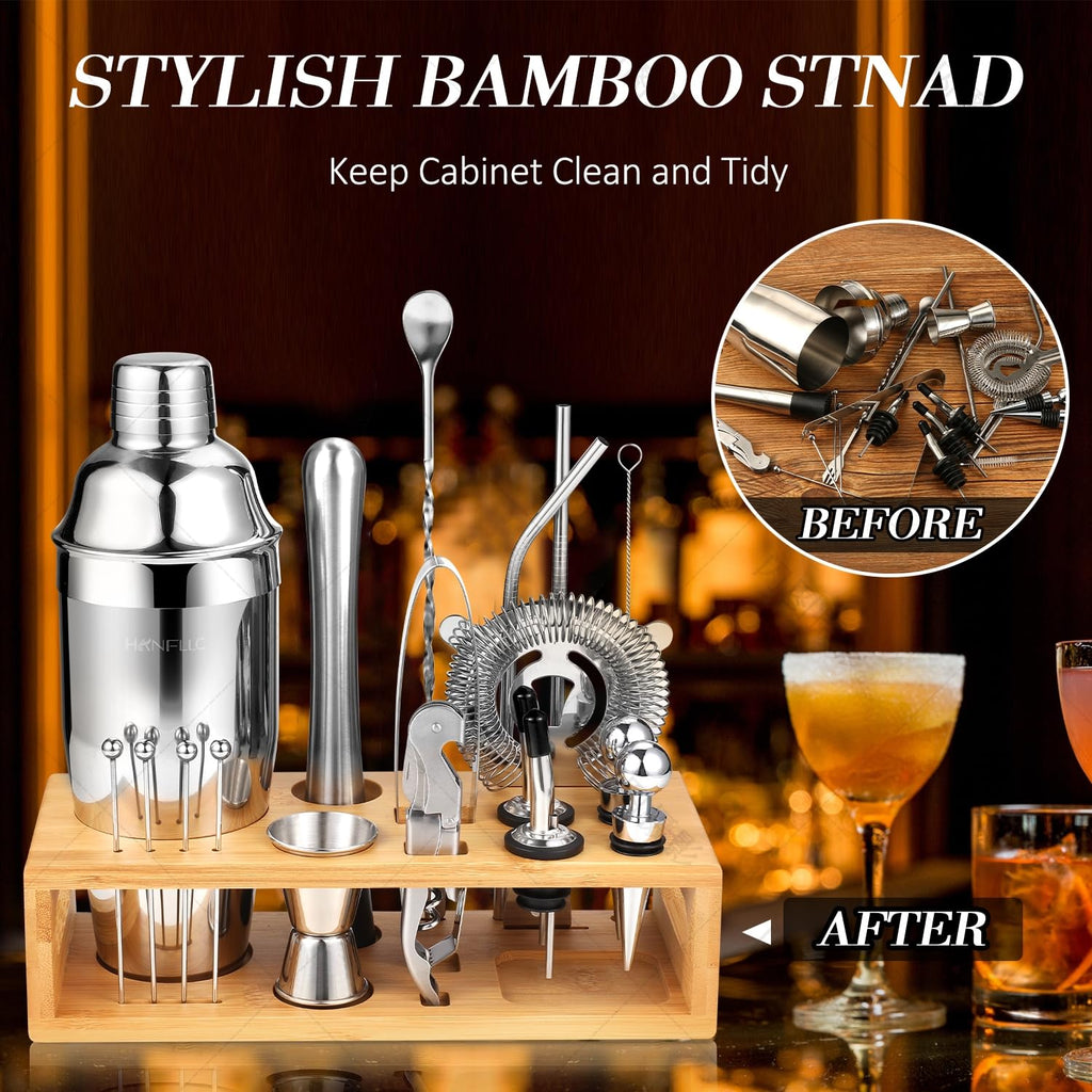 Mixology Bartender Kit Bar Set with Bamboo Stand, 28pcs 24oz Cocktail Shaker Set Cocktail Kit, Professional Stainless Steel Bar Tool Set