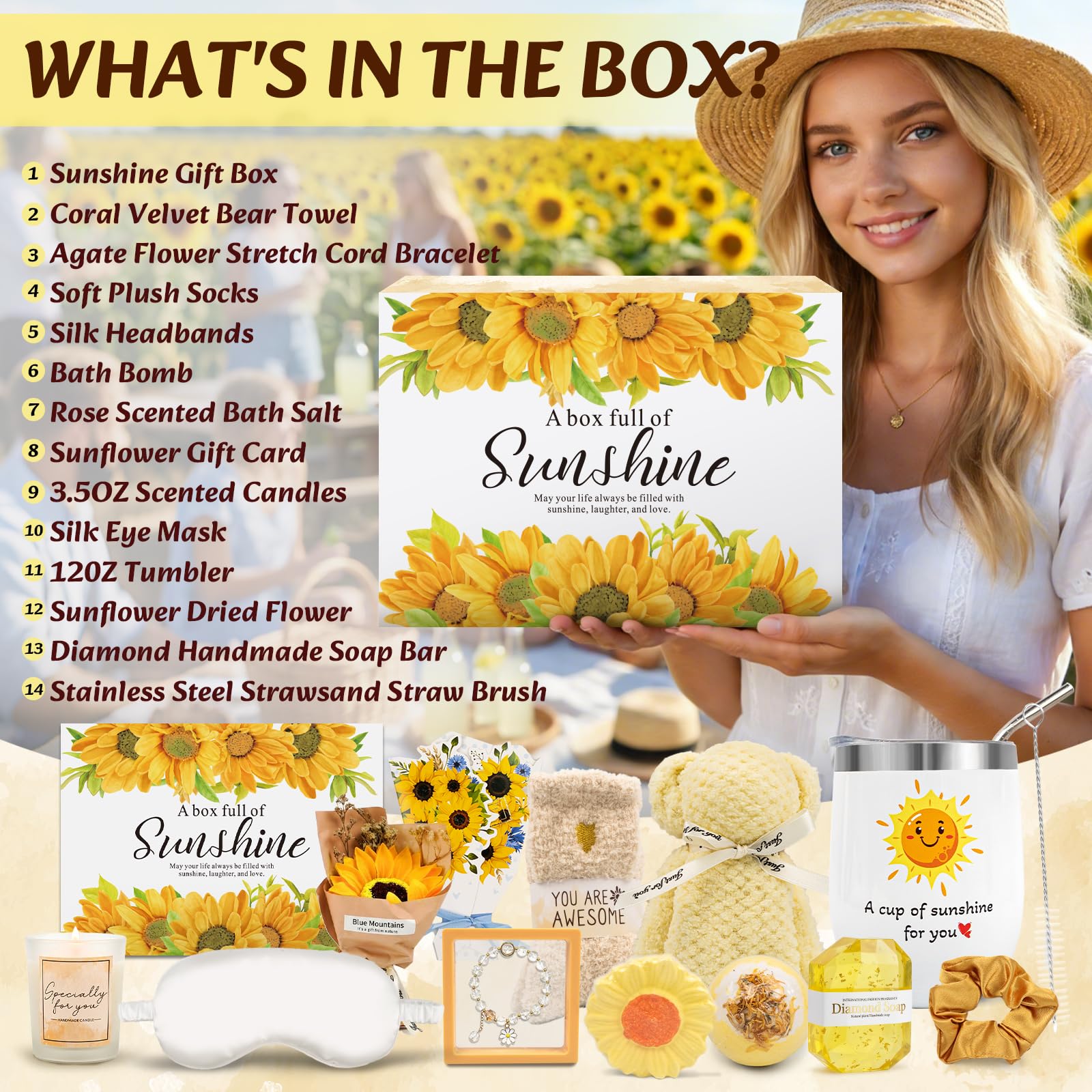 ElatedMore Sunflower Gift Basket for Women,14-Piece Self Care Gift Set, Mothers Day Gift Basket for Mom, Birthday Get Well Thank You Sunshine Care Package for Women Sister Wife Friend（Yellow）
