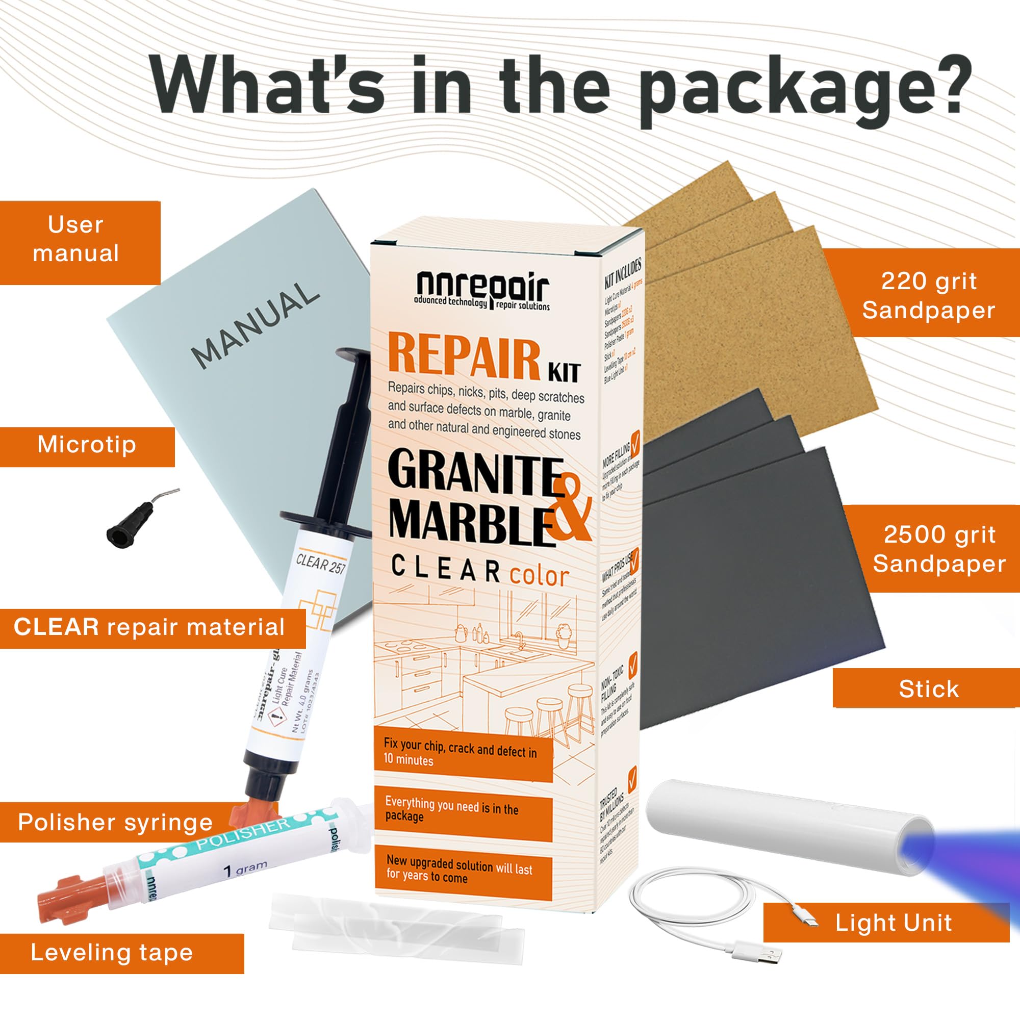 Granite Countertop Repair Kit (Clear Color + Polisher) - Made by Engineers I Also for Marble, Quartz, Acrylic, Fiberglass, Porcelain, Tile & Ceramic Surfaces I Easy Process & Quick Results