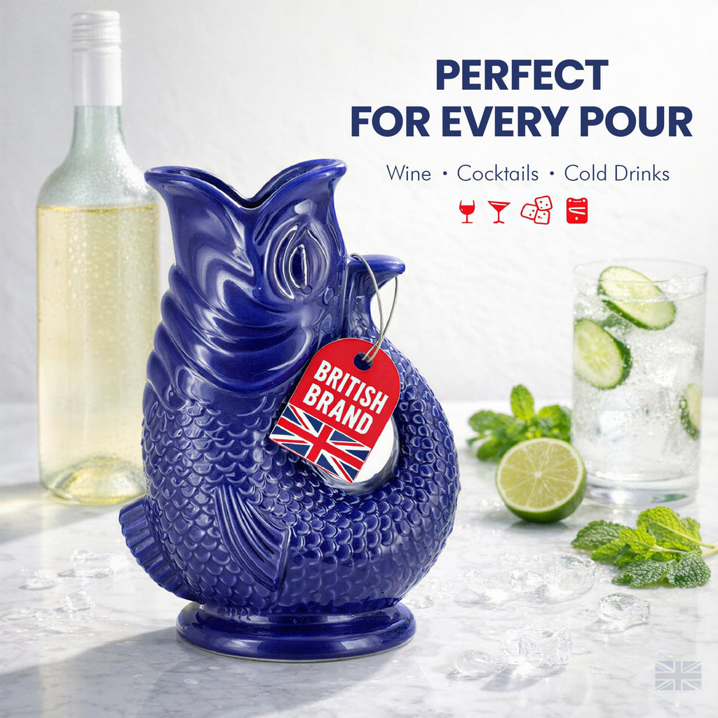 Glug Jug The Bubble Jug® Dark Cobalt Blue 50 fl oz 1.5L Litre Extra Large Gurgle Pitcher Jug Fish Shaped Decorative Ceramic Glugging Cocktail, Water and Gin Jug and Gurgling Carafe Pot