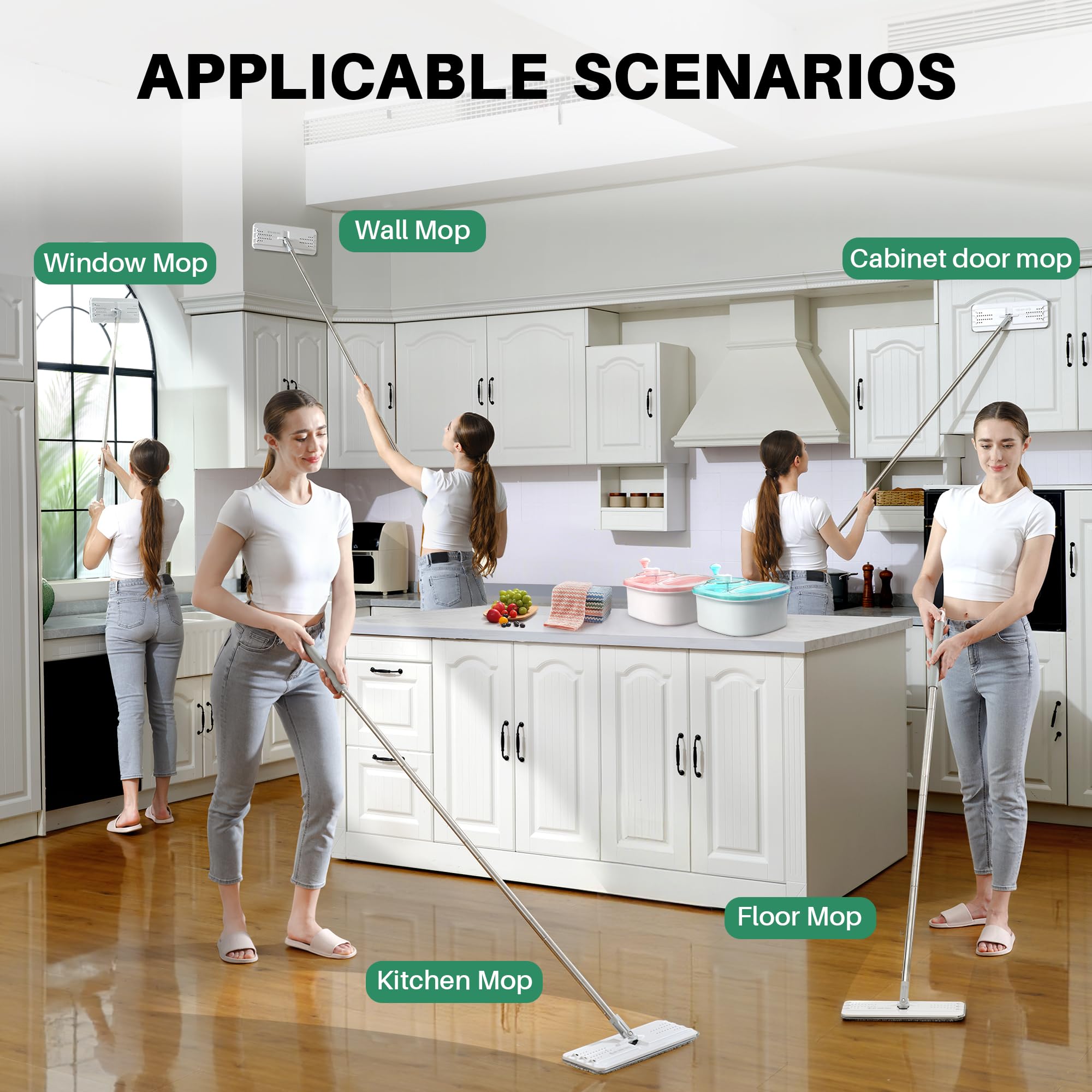 JOYMOOP Flat Mop, Microfiber Mops for Floor Cleaning and Wall Cleaner, 50" Mop Handle with Flexible 13" Flat Head with a Microfiber Mop Pad - White