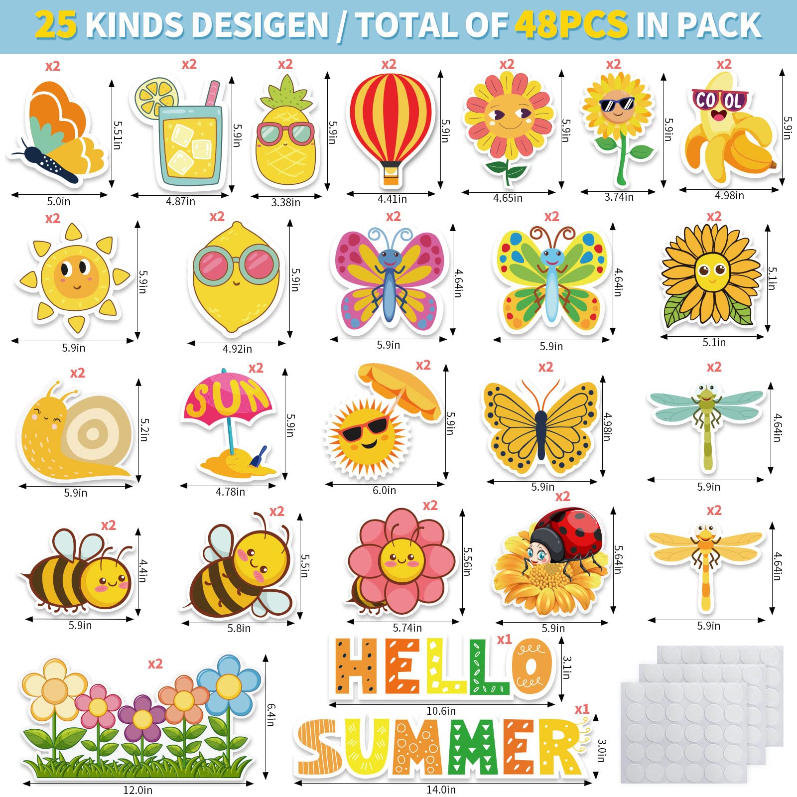 48Pcs Hello Summer Cut-Outs Summer Flower Cut Outs with 90Pcs Glue Points Colorful Paper Patterned Cut-Outs Bulletin Board Decoration for School Classroom Game Party Supplies