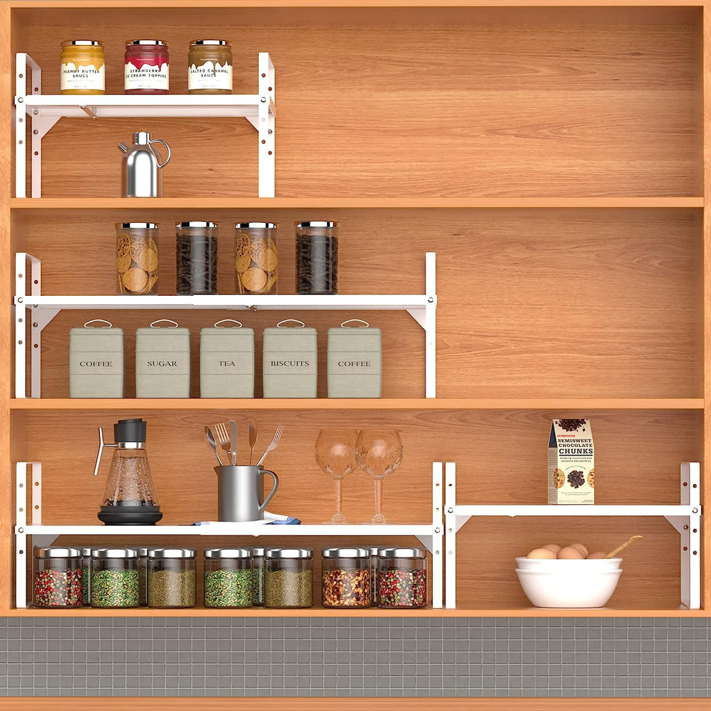 DPZM 1Pcs Expandable Cabinet Shelf,Stackable&Adjustable Cupboard Shelf,L16.5-27'' x W8'' Spice Rack,Spice Organizer, White Cabinet Shelf Organizer for Kitchen Office Bathroom