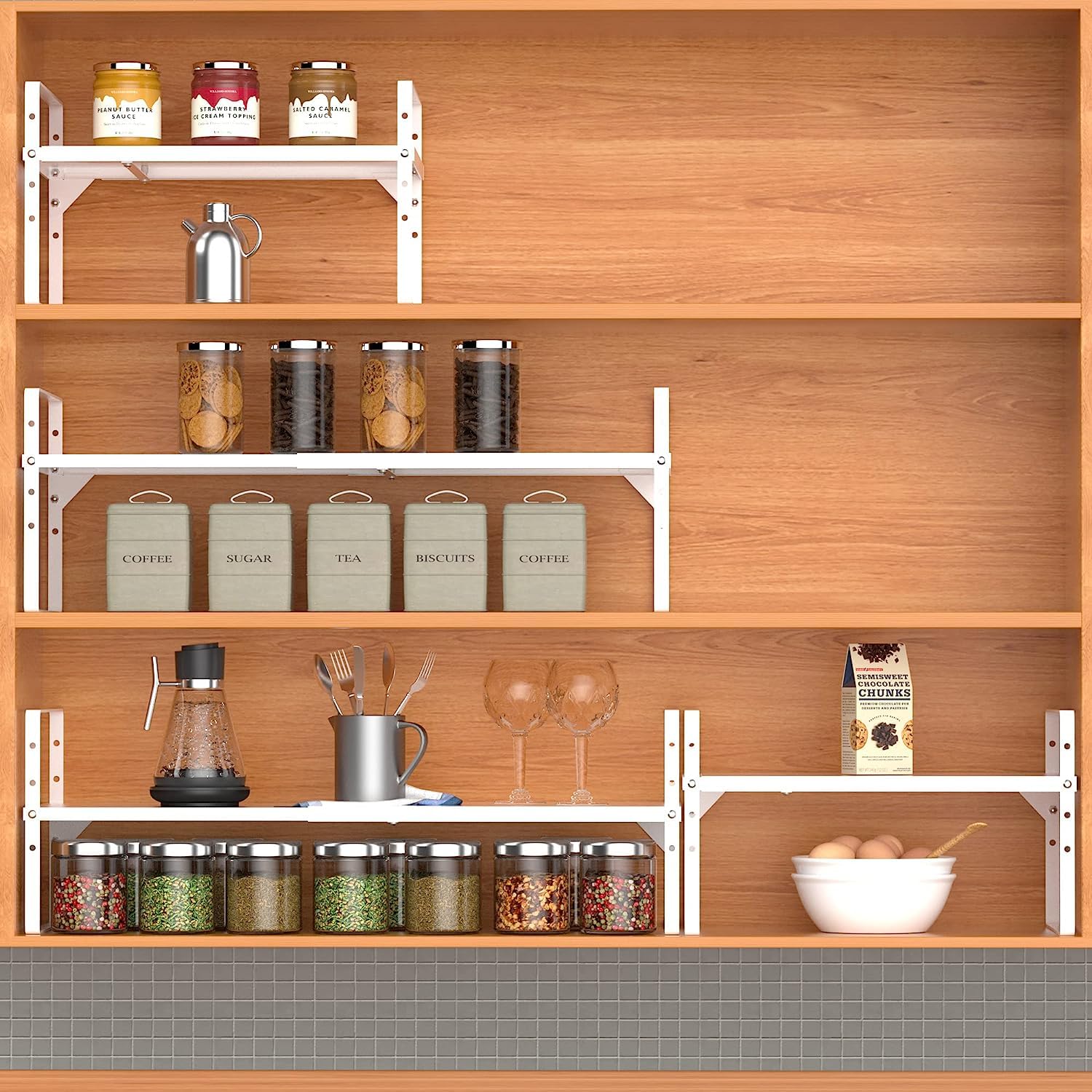 DPZM 1Pcs Expandable Cabinet Shelf,Stackable&Adjustable Cupboard Shelf,L16.5-27'' x W8'' Spice Rack,Spice Organizer, White Cabinet Shelf Organizer for Kitchen Office Bathroom