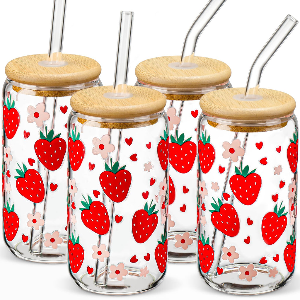 DWTS Glass Cups with Lids and Straws - Strawberry Design 4 Pcs, 16 oz Clear Drinking Glasses Set, Tumbler, Cute Iced Coffee Cups