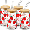 DWTS Glass Cups with Lids and Straws - Strawberry Design 4 Pcs, 16 oz Clear Drinking Glasses Set, Tumbler, Cute Iced Coffee Cups