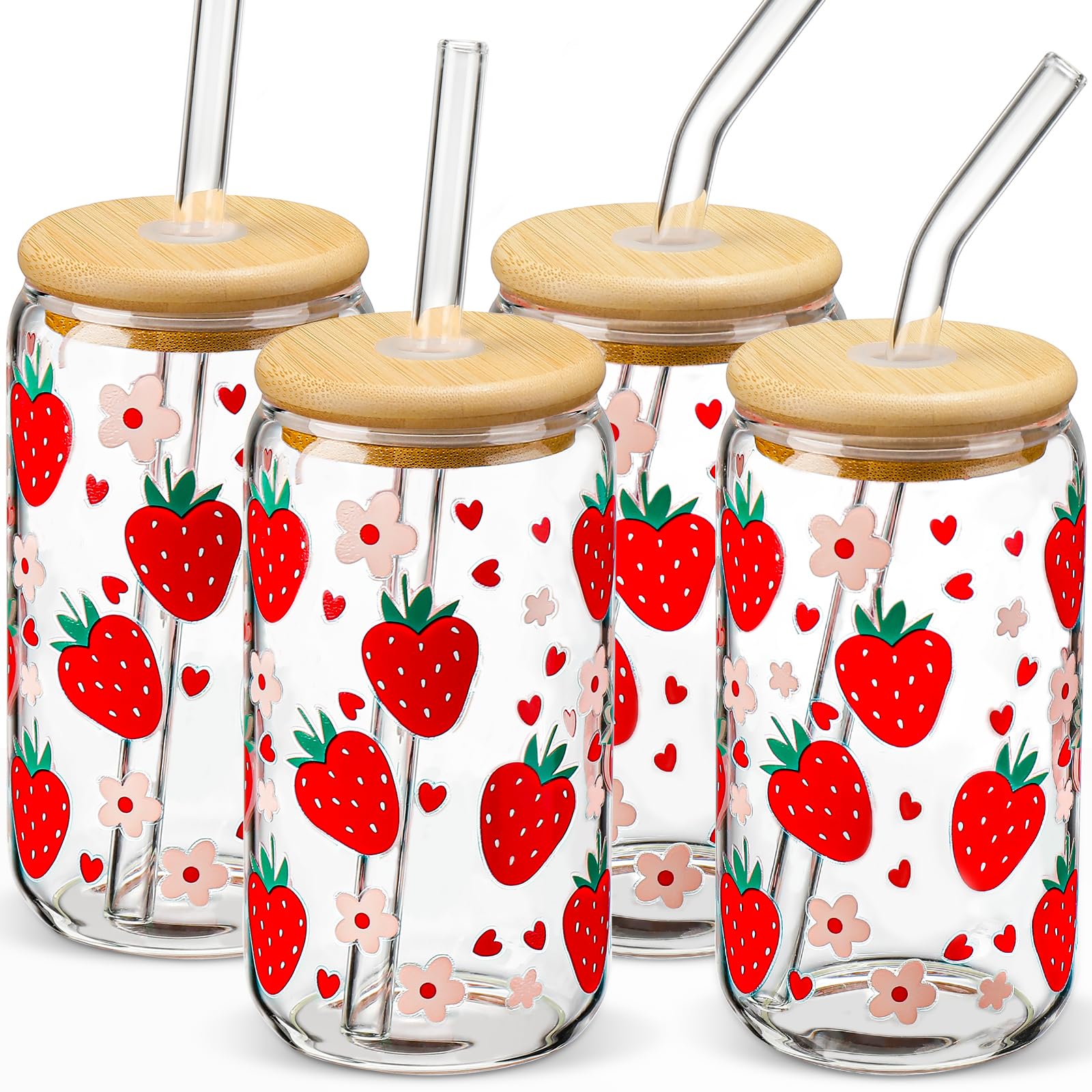 DWTS Glass Cups with Lids and Straws - Strawberry Design 4 Pcs, 16 oz Clear Drinking Glasses Set, Tumbler, Cute Iced Coffee Cups