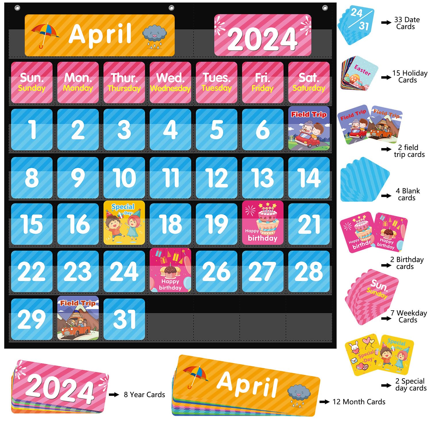 REGELETO Large 44 Pockets Calendar Pocket Chart for Classroom with 85 Cards, Monthly Calendar and Weather Black Pocket Chart for Students Learning and Homeschool (25” X 24”)