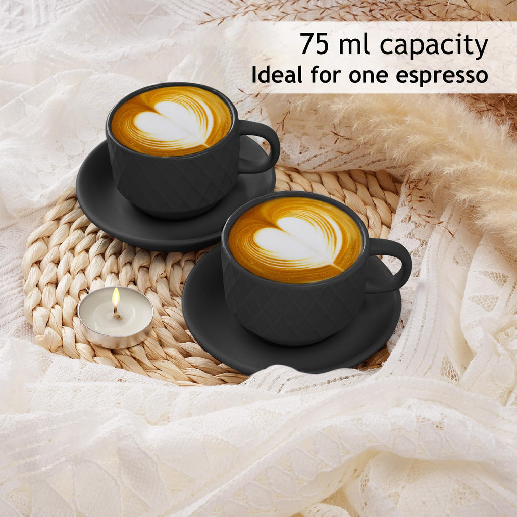 MIAMIO - 6 x 75 ml Stoneware Espresso Mug, Cup Set Modern with Stand and Saucers - Palmanova Collection (Black)