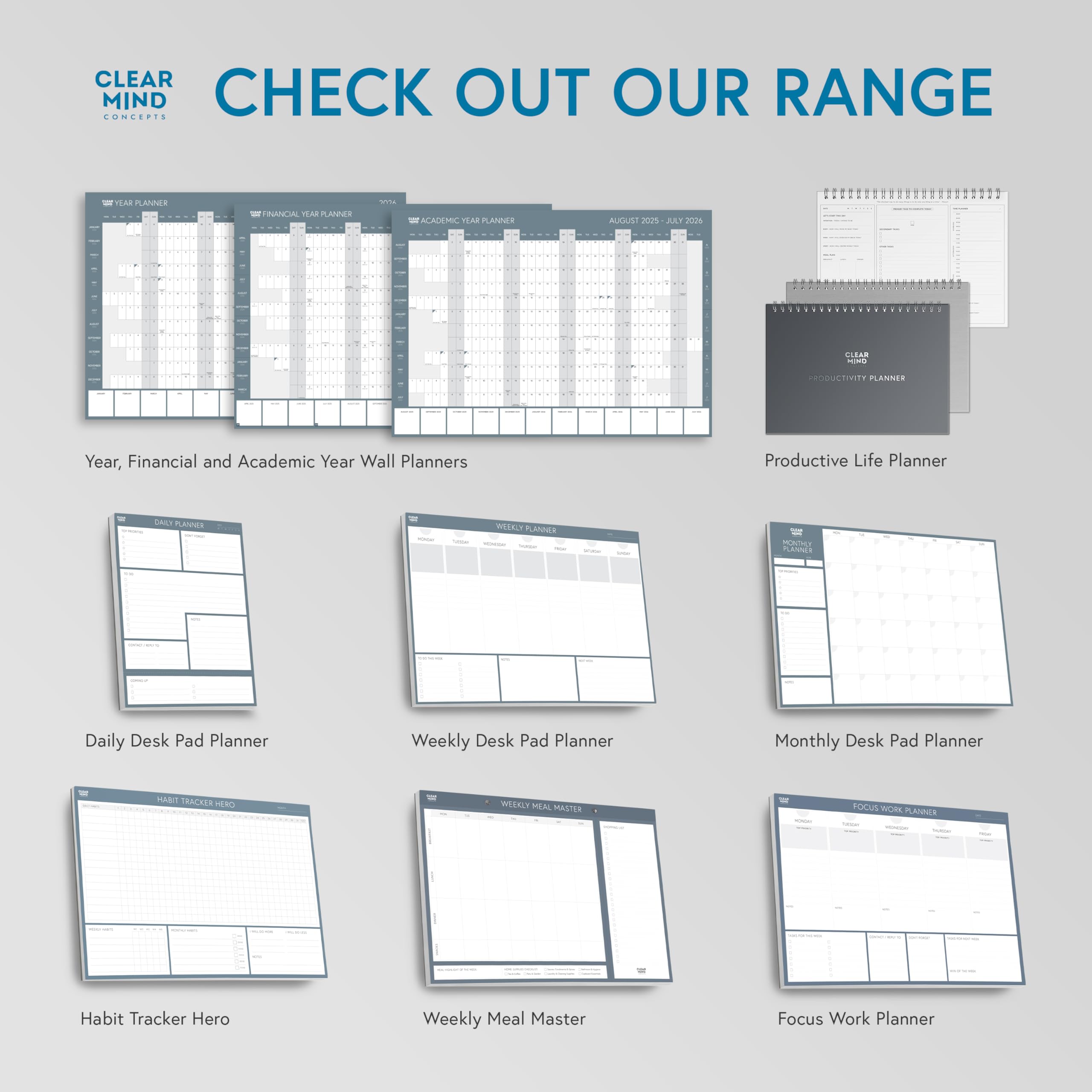 Clear Mind Concepts® Focus Work Planner Pad - A4 Weekly Productivity Desk Pad, 52 Undated Tear-Off Sheets (29.7 × 21cm) - Track Priorities, Tasks, Notes & Goals for Office, School & Home