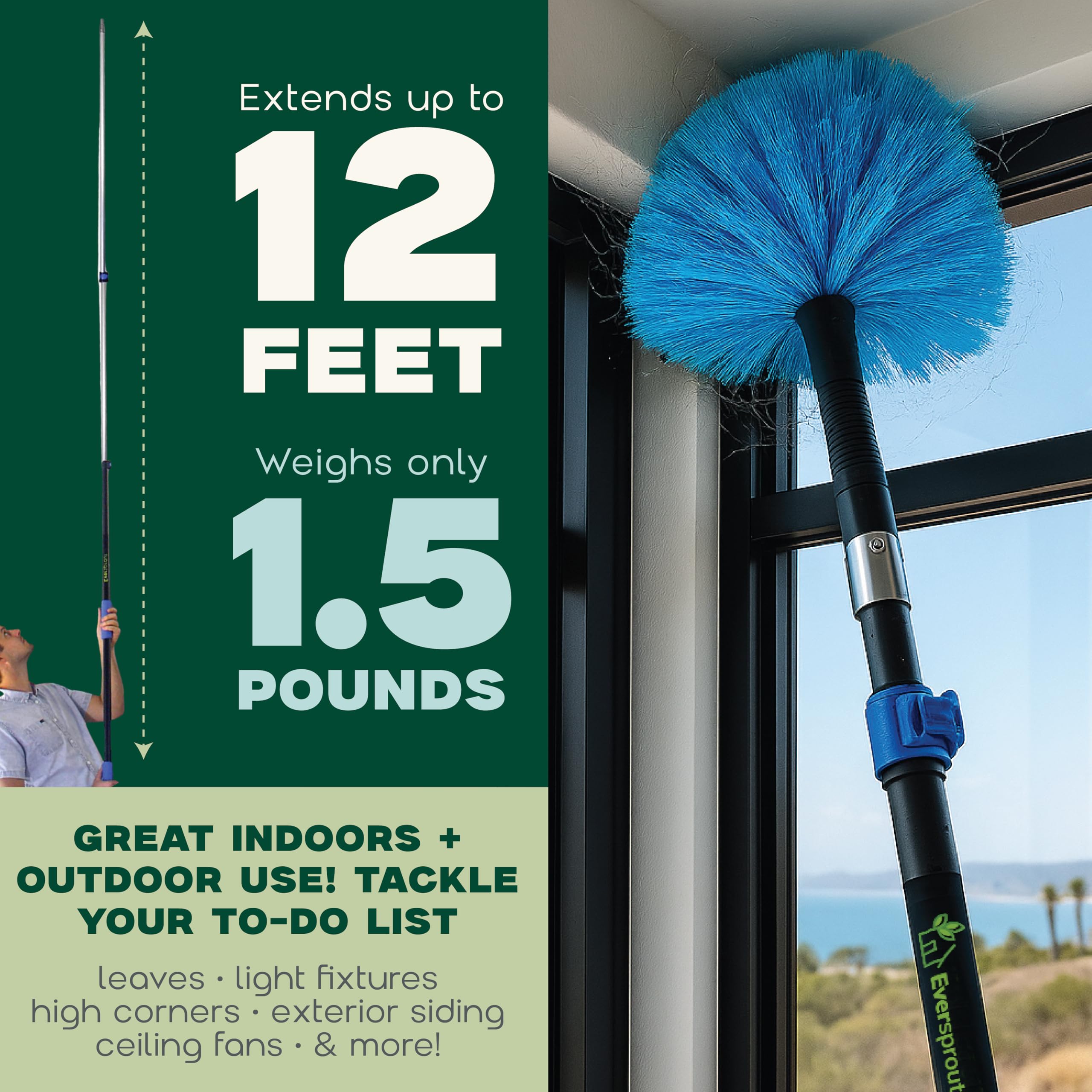 EVERSPROUT Twist-On Cobweb Duster | Hand-Packaged to Protect Bristles | Indoor & Outdoor use Brush Attachment | Fits Standard Threaded Poles | (Pole not Included) (Soft Bristles)