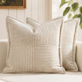 MIULEE Christmas Corduroy Pillow Covers with Splicing Set of 2 Super Soft Broadside Striped Decorative Textured Throw Cases for Cushion Bed Livingroom 18 x 18 inch, Beige
