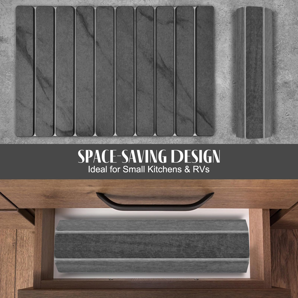 2 PCS Large Stone Dish Drying Mats for Kitchen Counter, 61"(L)×41"(W) Marble Pattern Dish Drying Mat with 20"x 10" Coasters, Collapsible Quick-Dry Diatomite Drying Mat for Dishes, Bottles & Cups