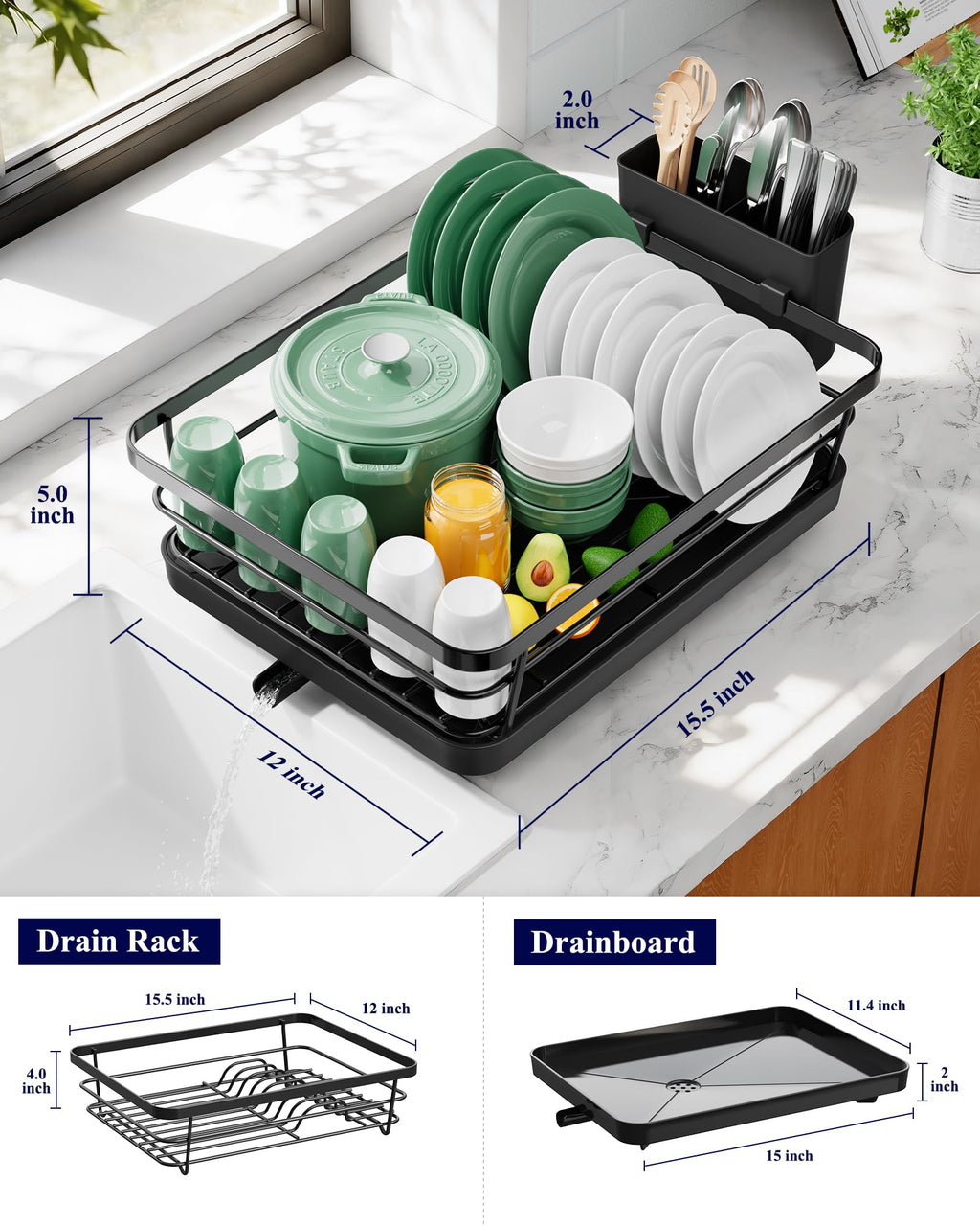 Kitsure Dish Drying Rack - Space-Saving Kitchen Counter Organizer with Cutlery Holder, Over Sink Stainless Steel Dish Rack, 29 x 38cm, Black