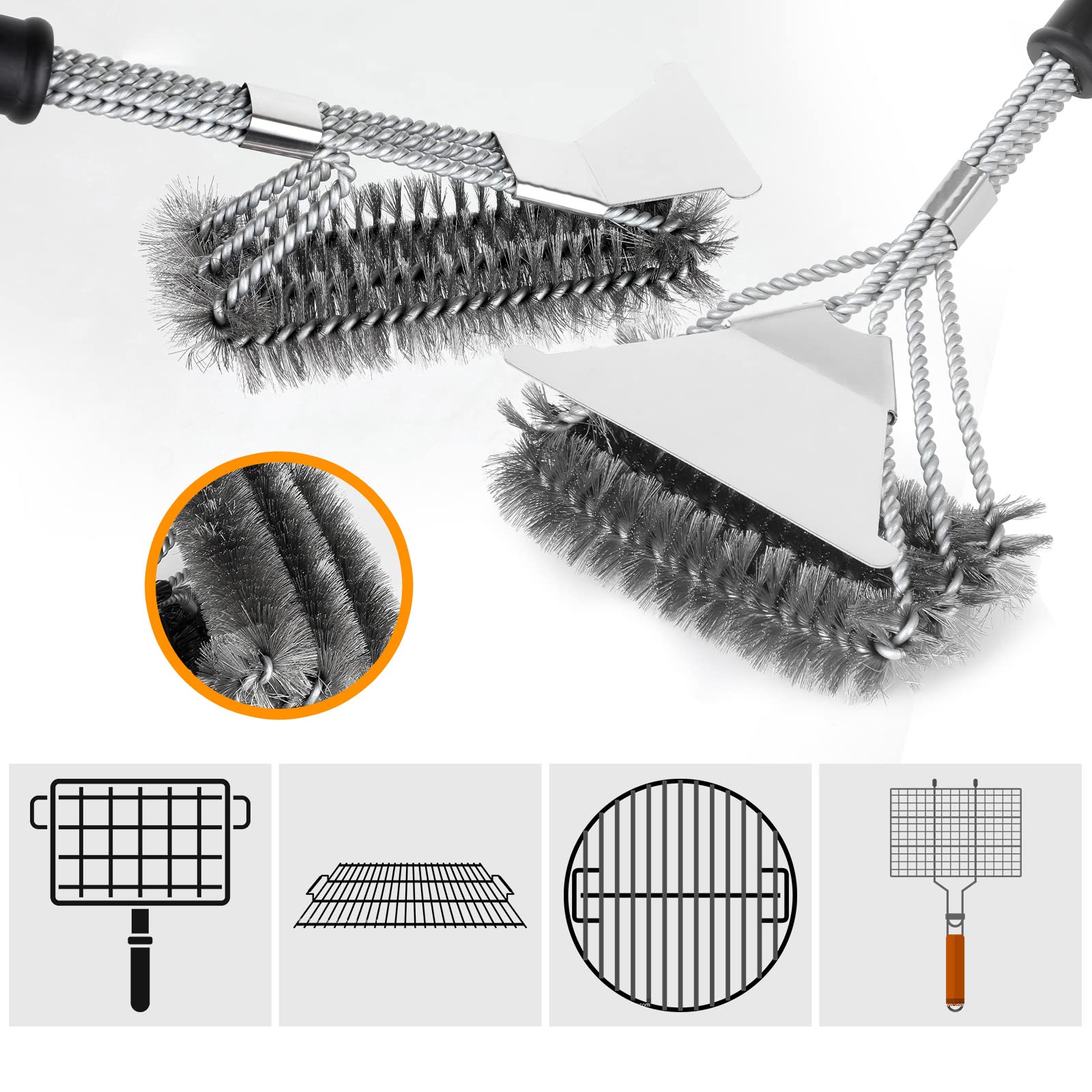 BBQ Grill Brushes, 2 Packs BBQ Brush Cleaner for Grill, Stainless Steel BBQ Cleaning Brush with Scraper, BBQ Brush Bristle Free Suitable for Gas, Charcoal, Infrared & Barbecue Grill