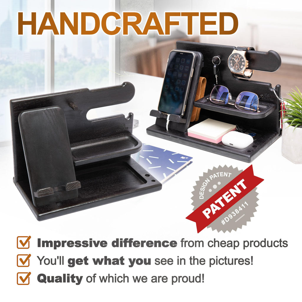 TESLYAR Wood Phone Docking Station - Gifts for Men - Desk or Nightstand Organizer - Birthday Gift for Husband, Dad - Anniversary Idea from Wife - Key Holder, Stand Wallet & Essentials (Granite Black)