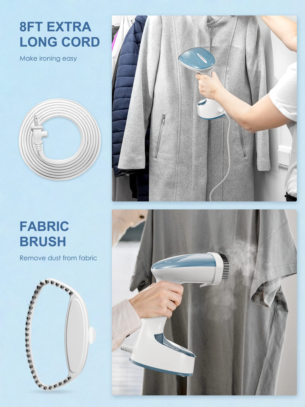 Reemix Steamer for Clothes, 1200W Foldable Clothes Steamer, Handheld Garment Steamer, Fast Heat-up, Auto-Off, Steam Iron for Fabric Wrinkle Remover with Brush (Blue Gray)