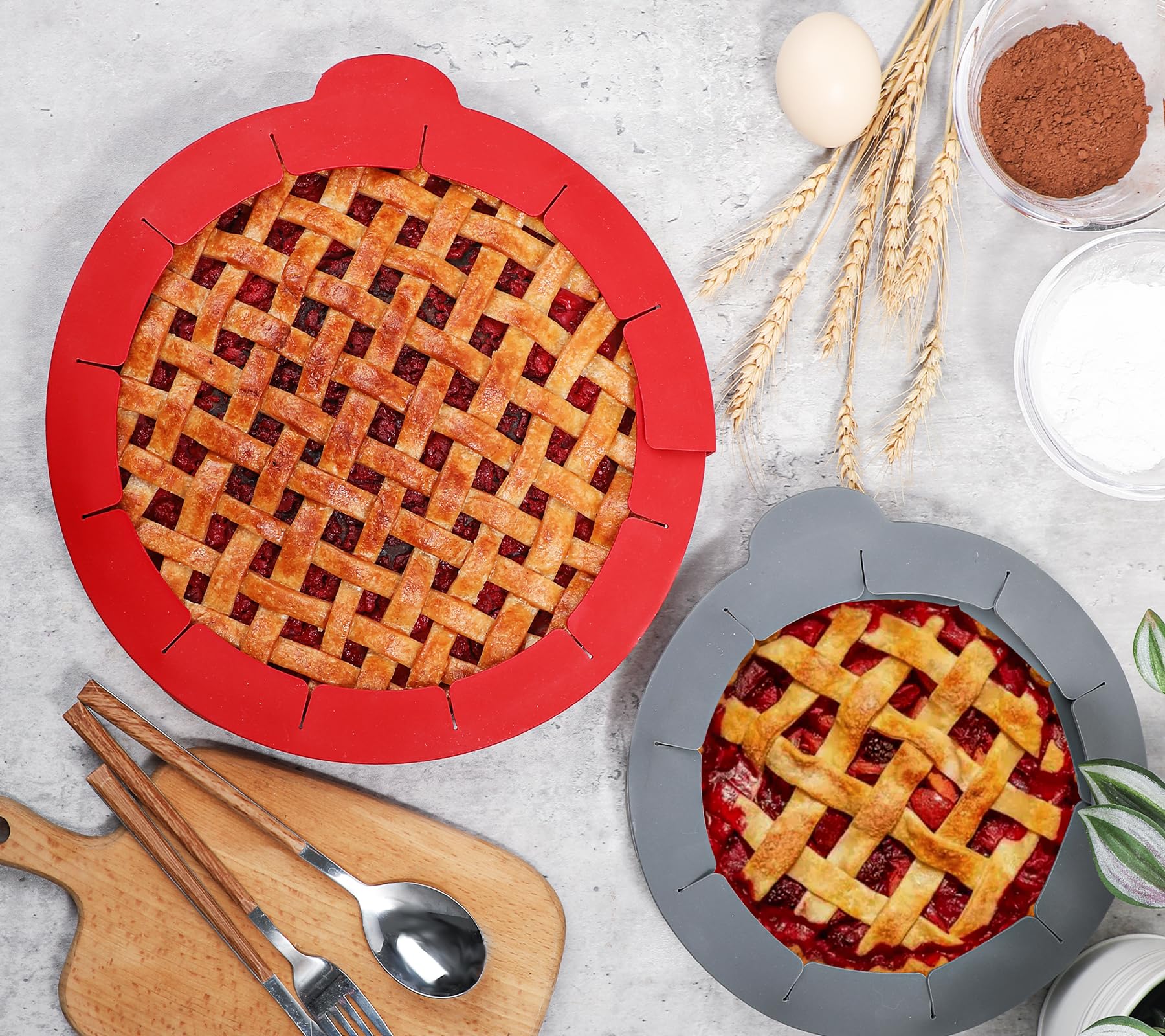 Webake Pie Crust Protector Shield Adjustable Pie Crust Shield Fits 11.5-9 Inch Pie Pan, European Food Grade Silicone Pinch Test Passed, Pack of 2, Red and Grey