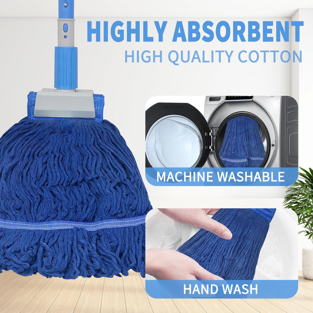 KLHB-YF Blue Heavy-Duty Cotton Mop Set - 59-Inch Durable Handle + 2 Reusable Cotton Mop Heads, Multi-Surface Cleaning for Home, Garage, Office, Workshop & Warehouse Floors