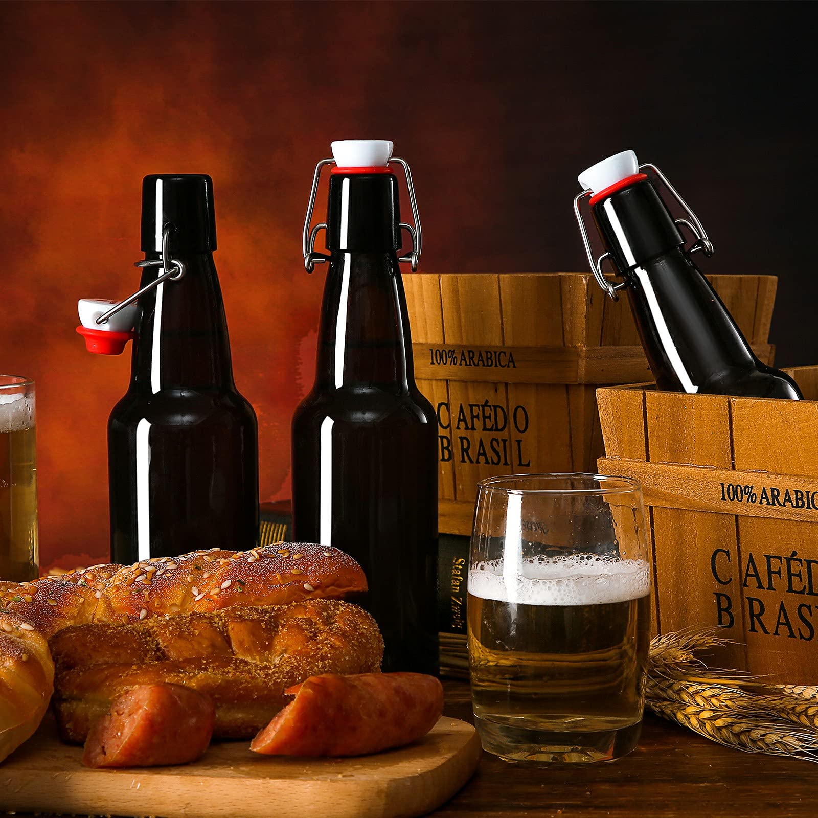 YEBODA 12 oz Amber Glass Beer Bottles for Home Brewing with Flip Caps, Case of 9