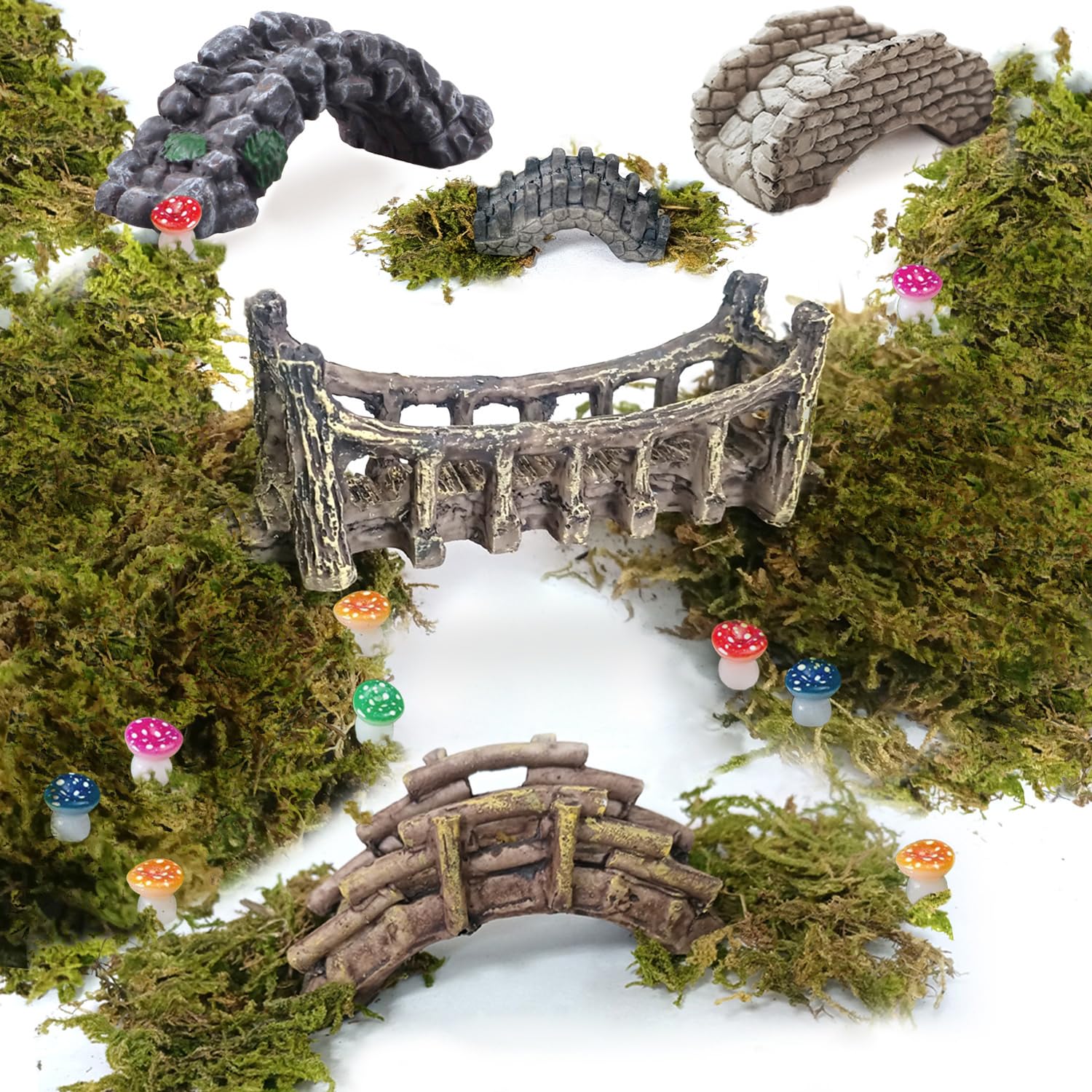 OrgMemory 5pcs Miniature Garden Accessories Set, DIY Landscape Bridge, Mini Pond Lawn Decor for Fairy Gardens, Terrariums, Model Train Scenes