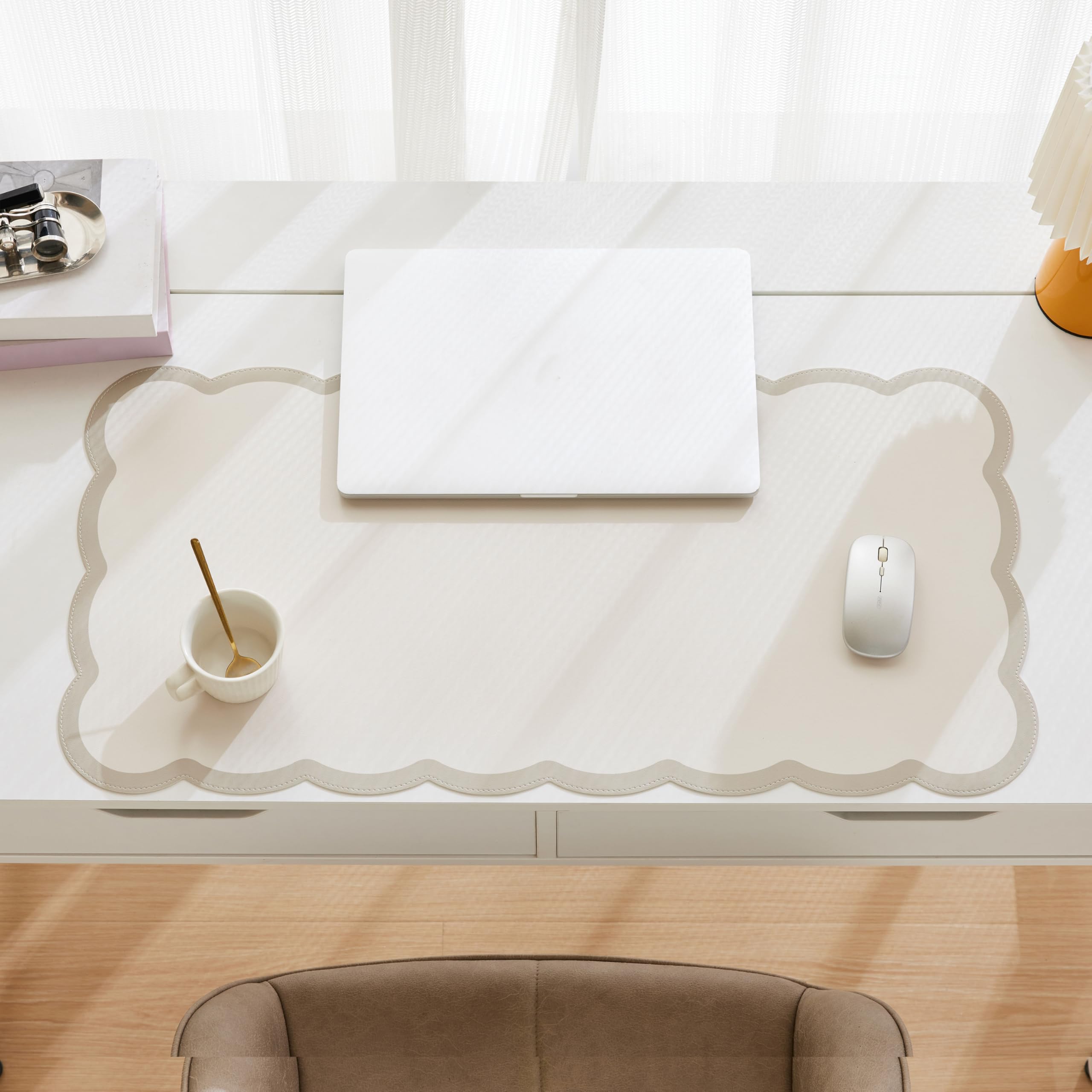 Ohocut Scalloped Desk Mat, 31.5" x 15.7" Large Cute Beige Khaki Aesthetic Desk Accessories, PU Leather Computer Laptop Desk Mat Mouse Keyboard Pad, Desk Writing Makeup Mat for Vanity/Work/Home Decor