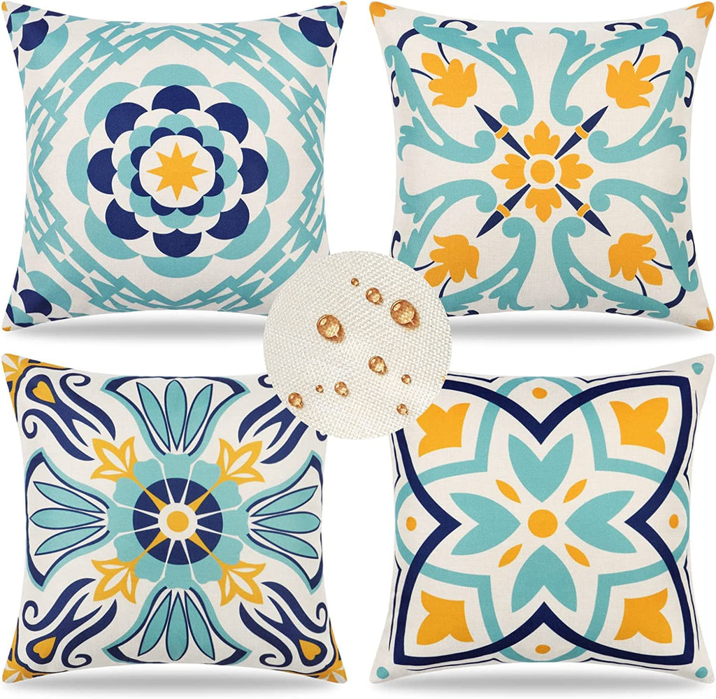 Dremisland Outdoor Throw Pillow Covers Waterproof Pillow Covers 18x18 Set of 4 Boho Linen Throw Pillow Covers Modern Blue Decorative Pillow Case for Patio Garden Balcony Couch Deck Chair