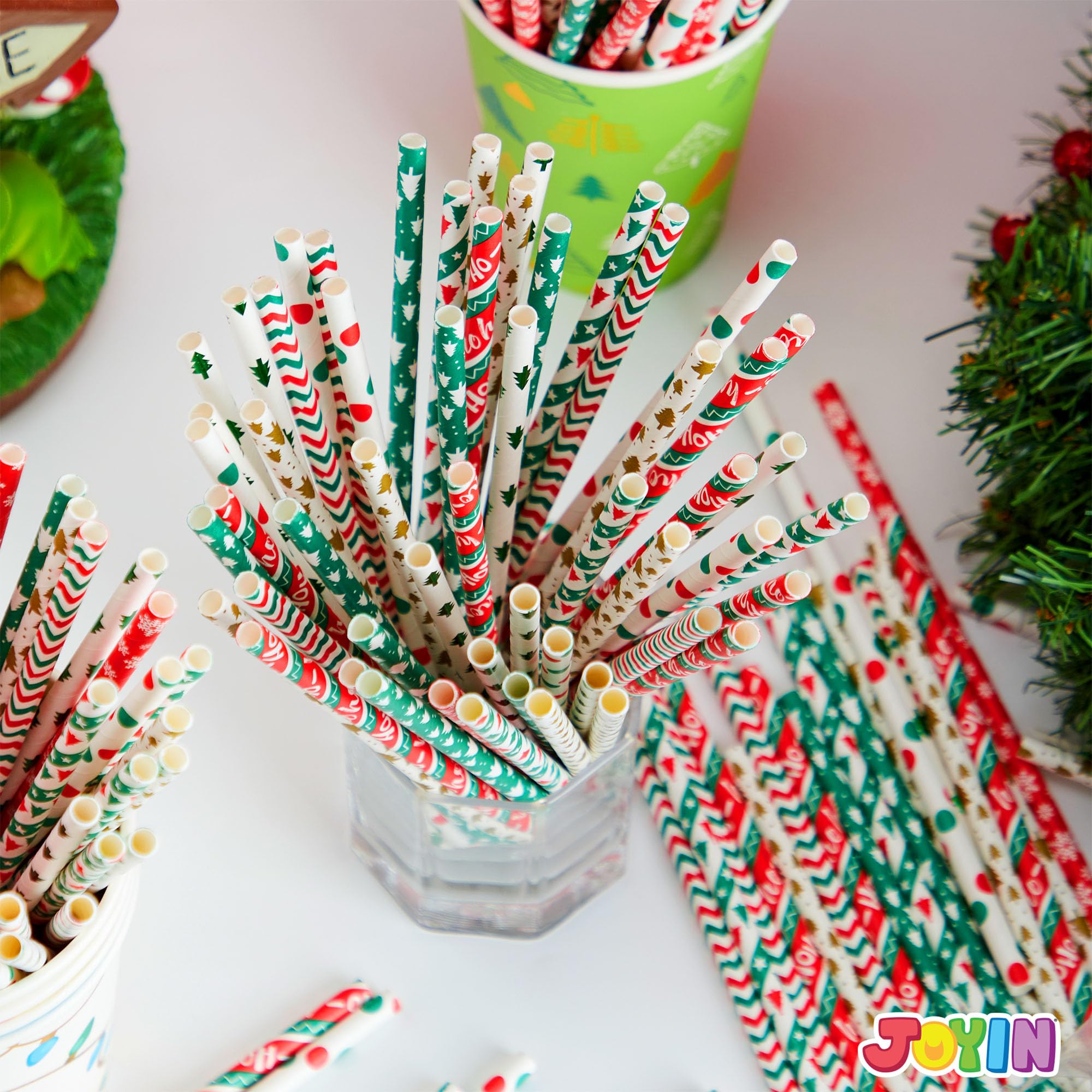 JOYIN 200 Pcs Christmas Disposable Paper Straws Colorful for Drinkware Party Decoration