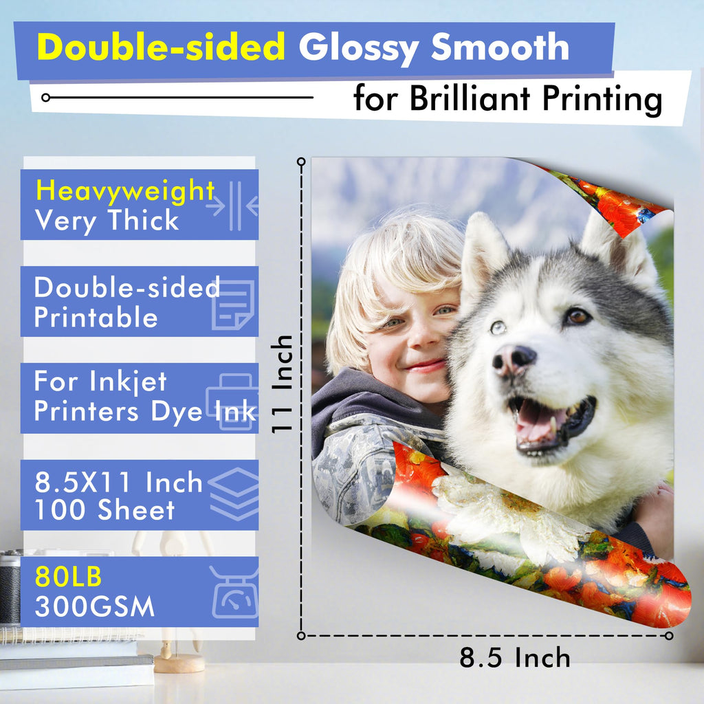 Koala Thick Photo Paper Double-sided Glossy Heavyweight Paper 8.5X11 80LB 100 Sheets 300GSM Cardstock Compatible with Inkjet Printer