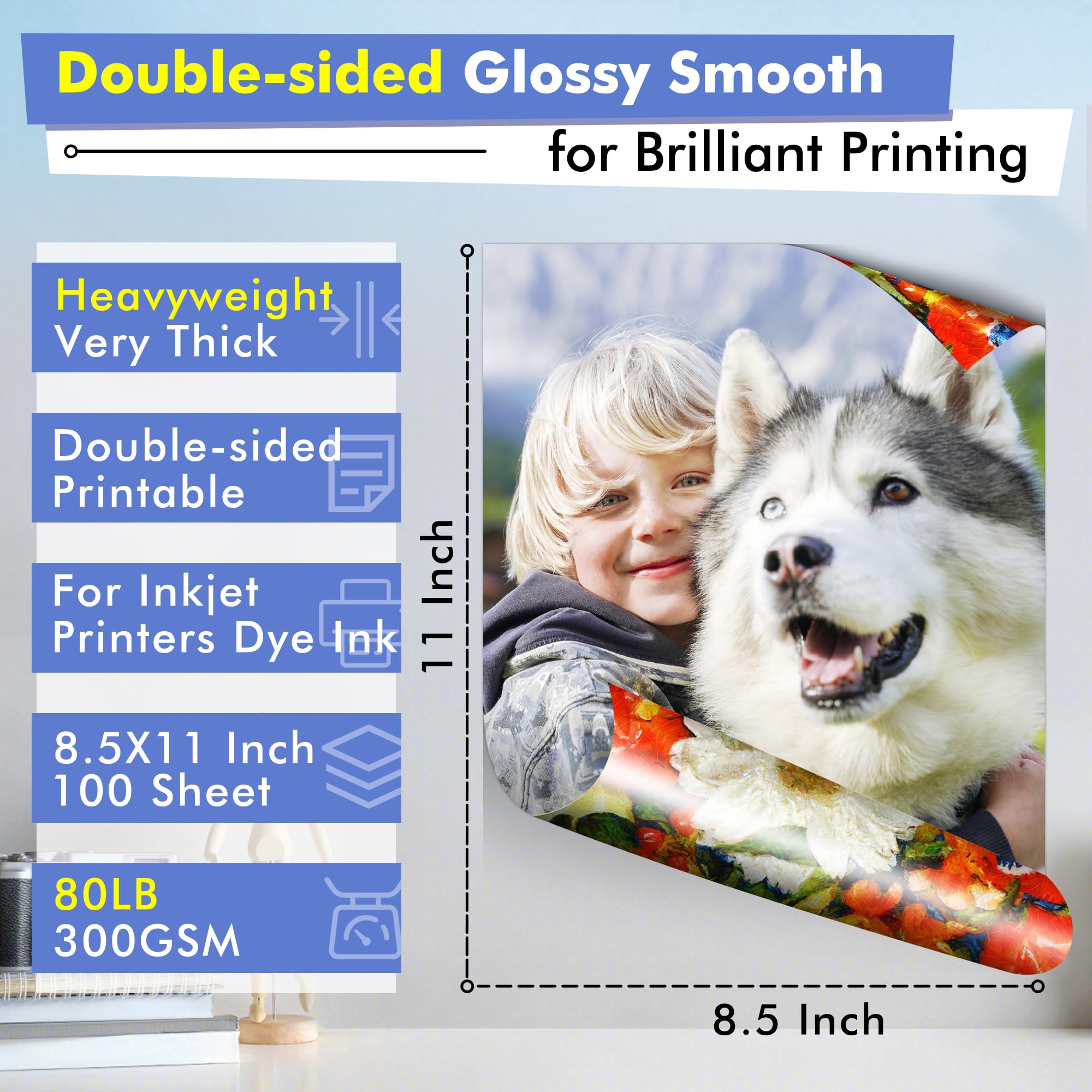 Koala Thick Photo Paper Double-sided Glossy Heavyweight Paper 8.5X11 80LB 100 Sheets 300GSM Cardstock Compatible with Inkjet Printer
