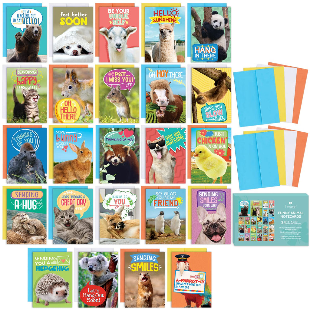 T MARIE 24 Funny Animal Greeting Cards - Humorous Designs with No Repeats - 4.5” x 6.25” Bulk Note Cards for Friends, Kids, Students, Teachers, Summer Camp and More