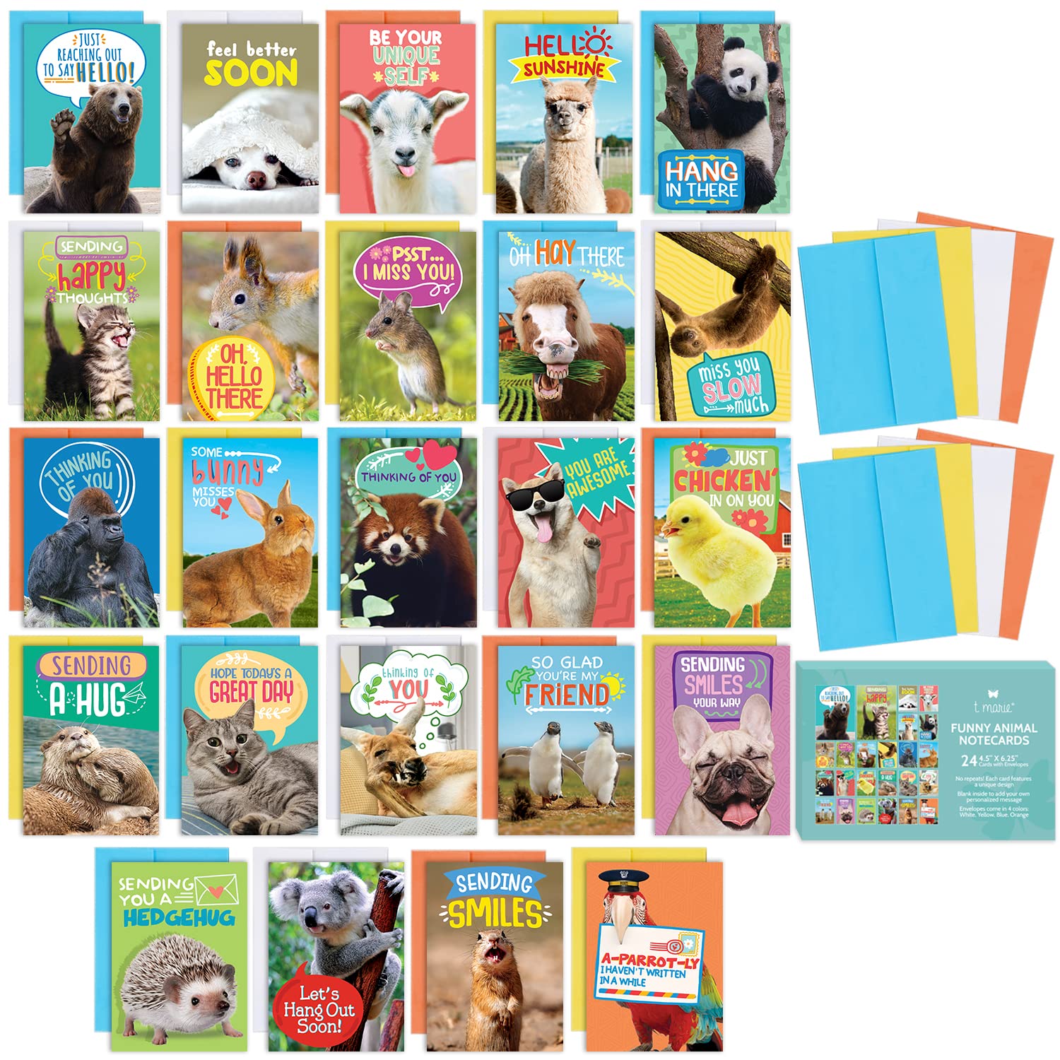 T MARIE 24 Funny Animal Greeting Cards - Humorous Designs with No Repeats - 4.5” x 6.25” Bulk Note Cards for Friends, Kids, Students, Teachers, Summer Camp and More