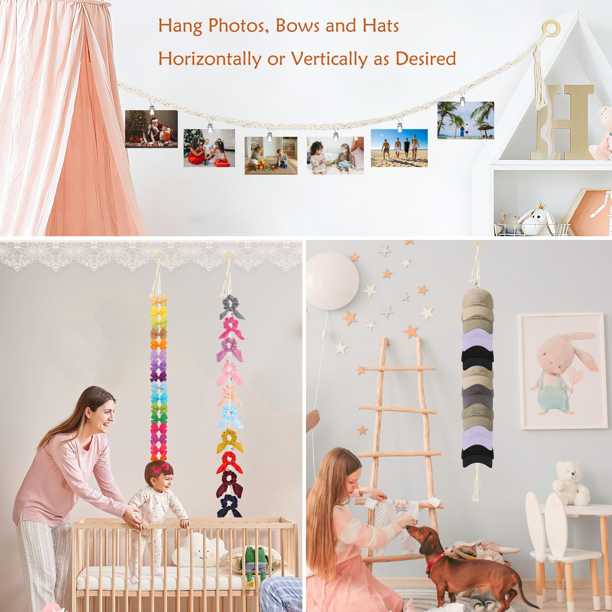 2Pcs Stuffed Animals Storage Chain 80" Hanging Organizer with 40 Metal Clips Stuffed Animal Display Holder Macrame Stuffed Animal Chain Decor Hanger for Nursery Playroom Wall Corner