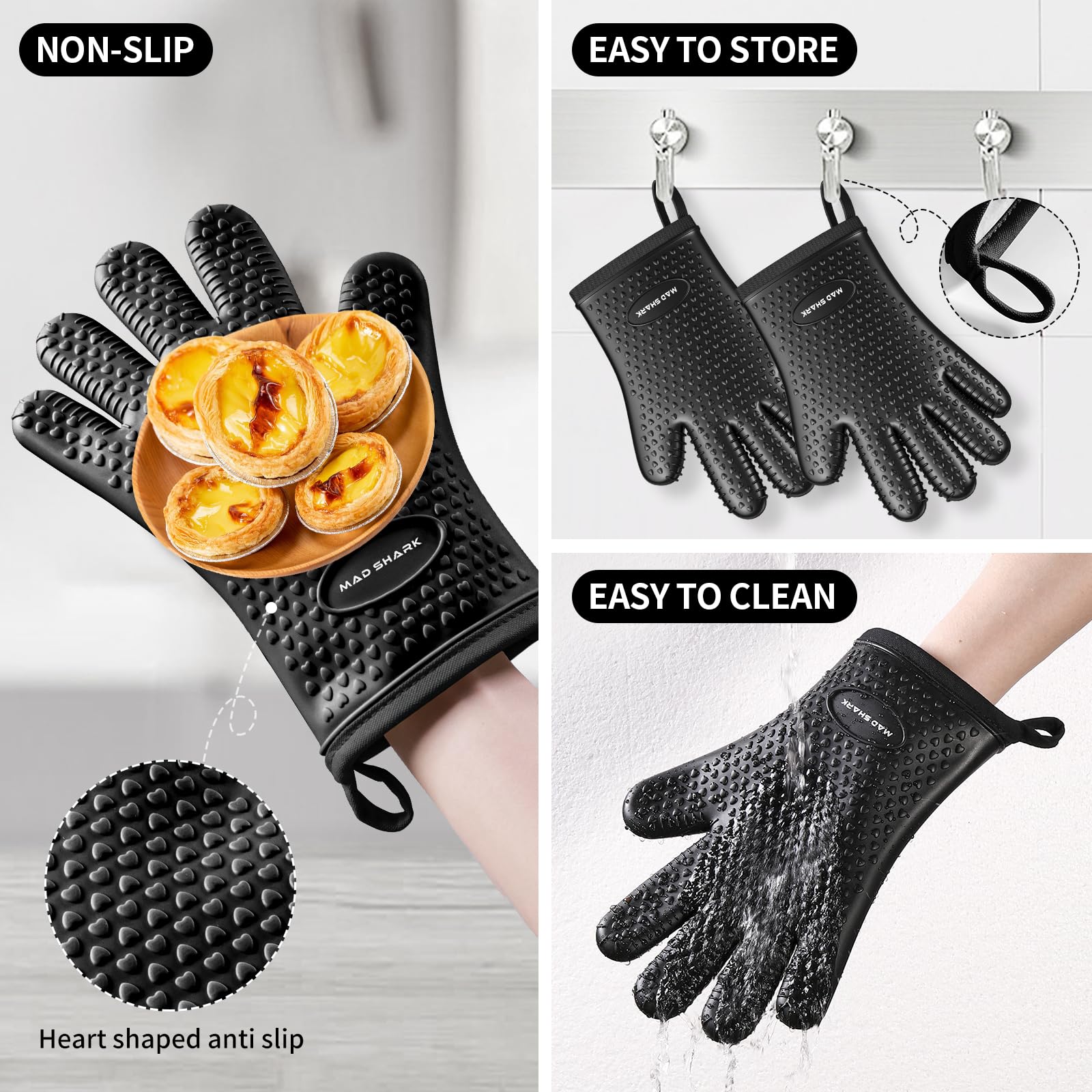MAD SHARK Silicone Oven Mitts Heat Resistant 450 Degrees,Waterproof & Non-Slip Oven Gloves with Fingers,Cotton Lined Silicone Oven Gloves Kitchen Mitts for Baking Cooking Barbecue,Women (Black)