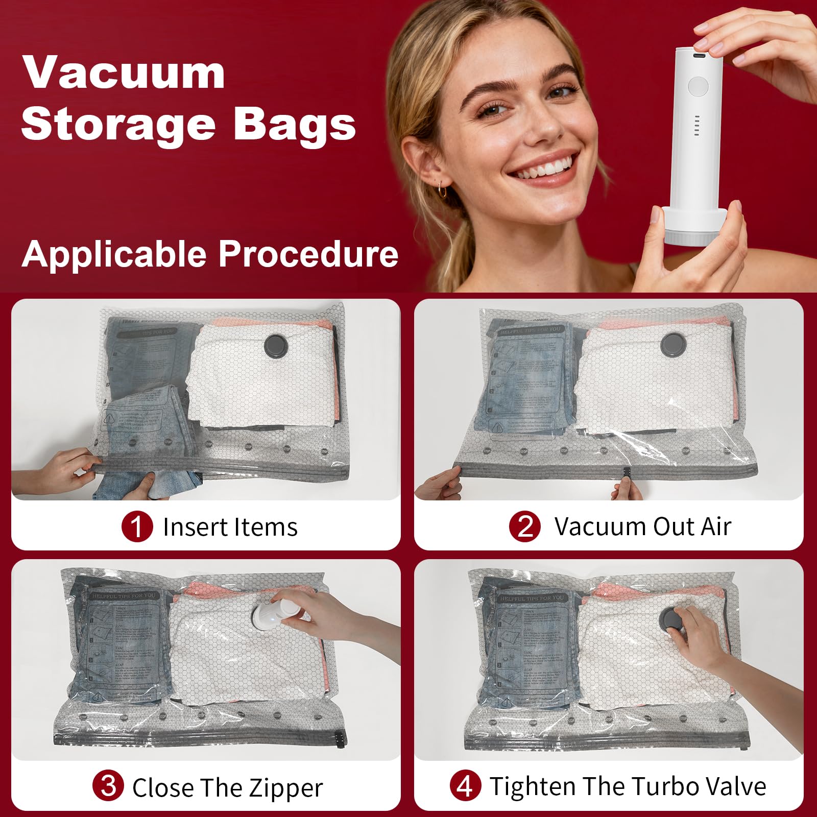 Teilybao Vacuum Storage Bags with Portable Electric Pump,Space Saver Sealer Bags, Airtight Compression Bags for Clothes, Pillows, Comforters, Blankets, Bedding(15 Pack)