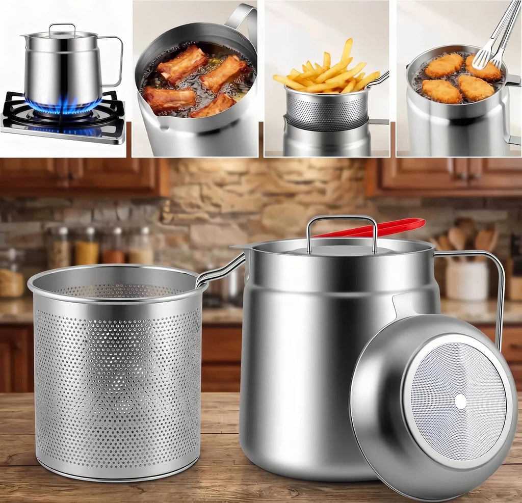 2-in-1 Deep Fryer Pot with Basket(2.1L), Stainless Steel Oil Strainer Pot, 304 Food-Grade Frying Pot with Fine Mesh Oil Filter for Cooking & Bacon Grease Storage