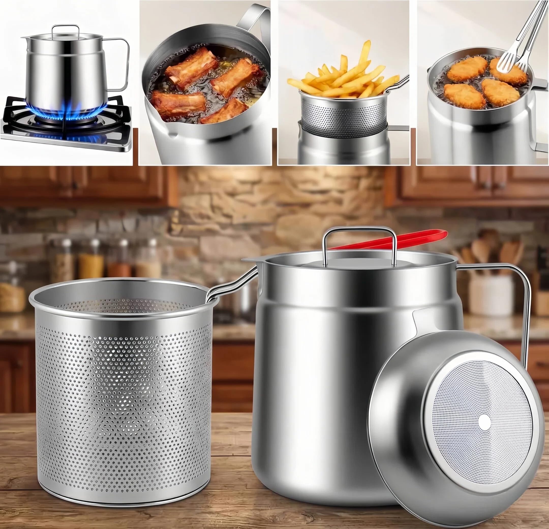 2-in-1 Deep Fryer Pot with Basket(2.1L), Stainless Steel Oil Strainer Pot, 304 Food-Grade Frying Pot with Fine Mesh Oil Filter for Cooking & Bacon Grease Storage
