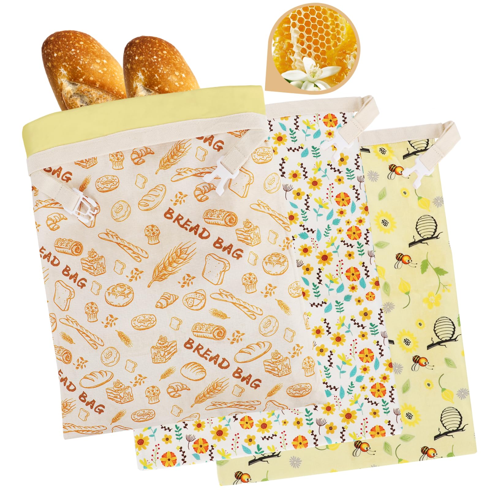 3-Pack Reusable Beeswax Bread Bags - Large 17x13 Inch for Sourdough & Homemade Bread Storage | All-Natural Beeswax Preservation, Eco-Friendly Cotton Food Bags - Easy to Clean & Daily Use