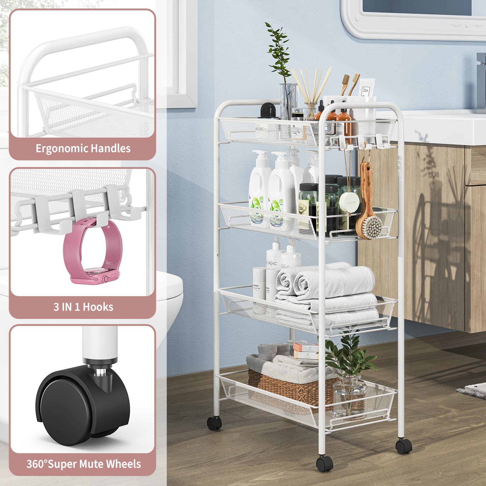 TOOLF 4-Tier Rolling Cart, Metal Utility Cart with 3 Hooks, Easy Assemble Mobile Storage Trolley On Wheels, Slide Out Shelving Units Kitchen Bathroom Laundry Room