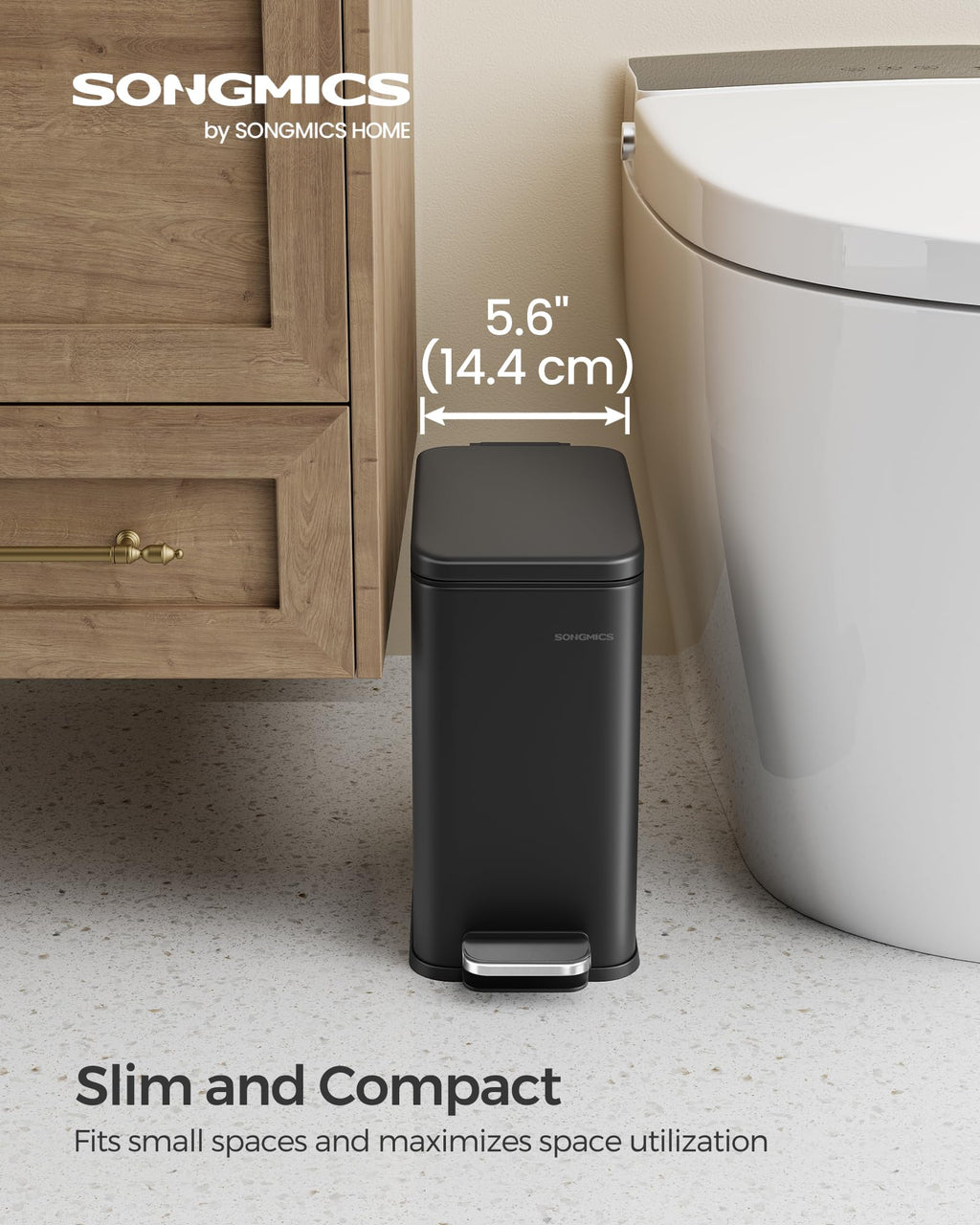 SONGMICS Bathroom Trash Can, Small Trash Bin with Lid, Slim for Small Spaces, Stainless Steel Garbage Can, Soft Close, 1.3 Gallon (5 L) Black ULTB560B05