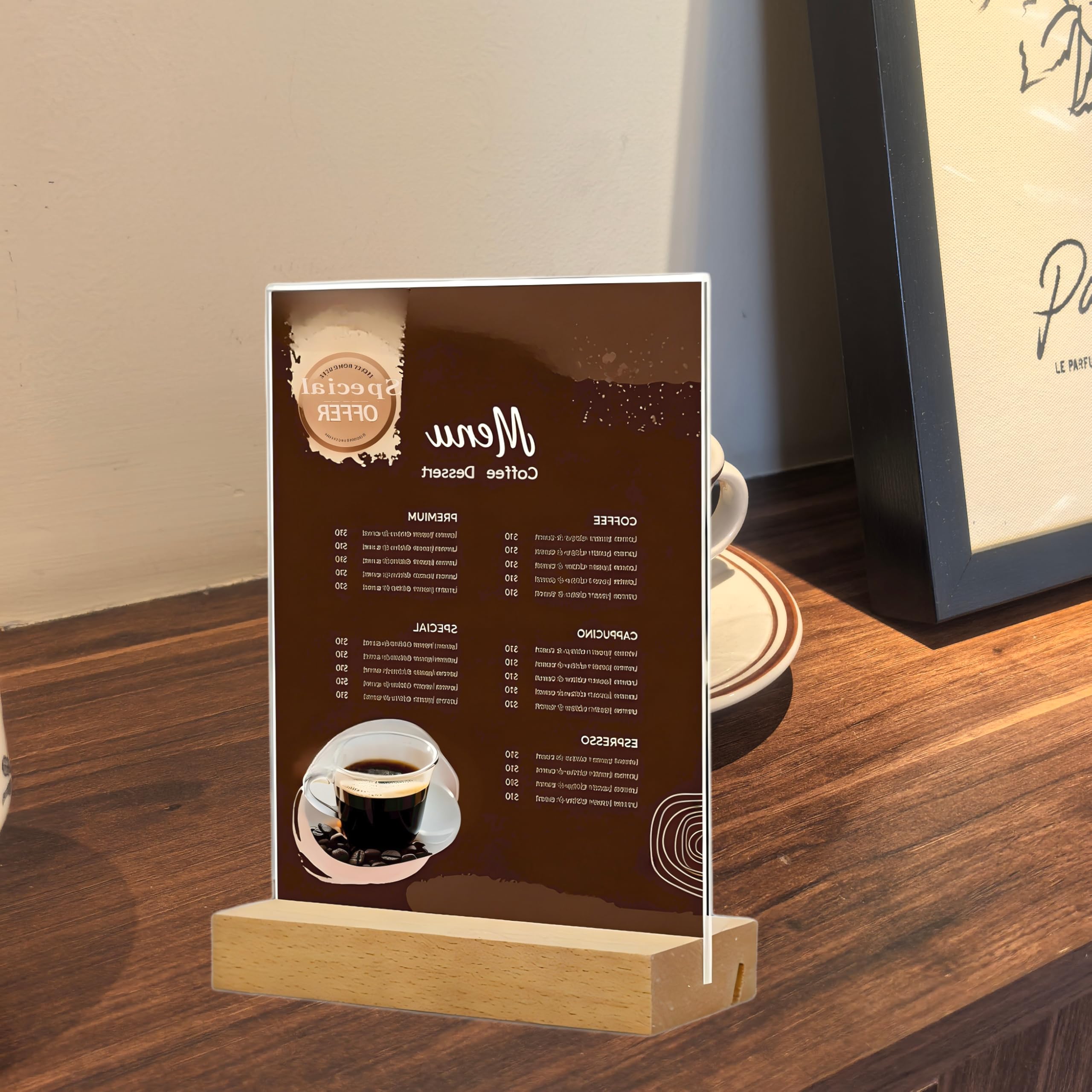 TONICE 5x7 Acrylic Sign Holder with Wood Base 3 Pack L/T Shape Vertical or Slant Back Display for Wedding, Restaurant, Store, Office, Hotel