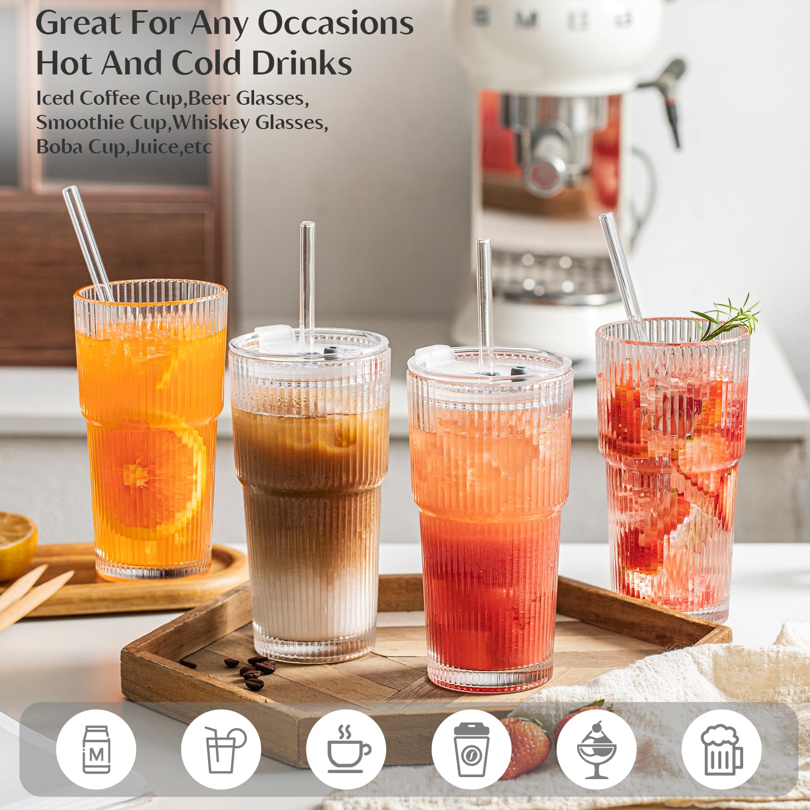 INSETLAN 20 oz Ribbed Glass Tumblers with Lids and Glass Straws – 4-Piece Glassware Set, Heavy-Duty Tumblers, Ideal for Iced Coffee, Smoothies, Cocktails, and Juices – Elegant and Durable Drinkware